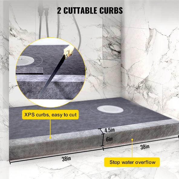 Shower Curb Kit 38" x 60" Watertight Shower Curb Overlay with 4" PVC Offset Bonding Flange, 4" Stainless Steel Grate, 2 Cuttable Shower Curb and Trowel, Shower Pan Slope Sticks Fit for Bathroom