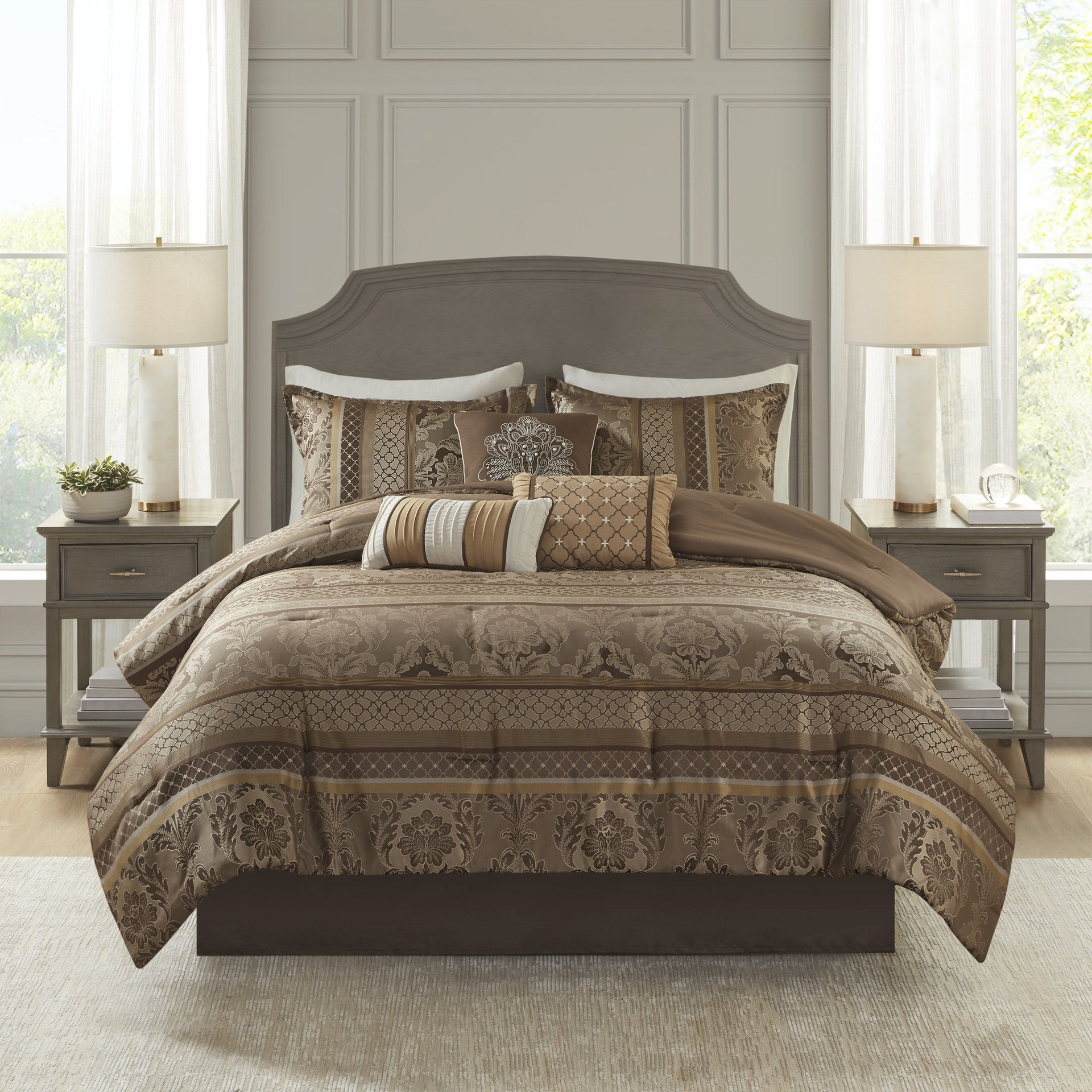 7 Piece Jacquard Comforter Set Brown/Gold King