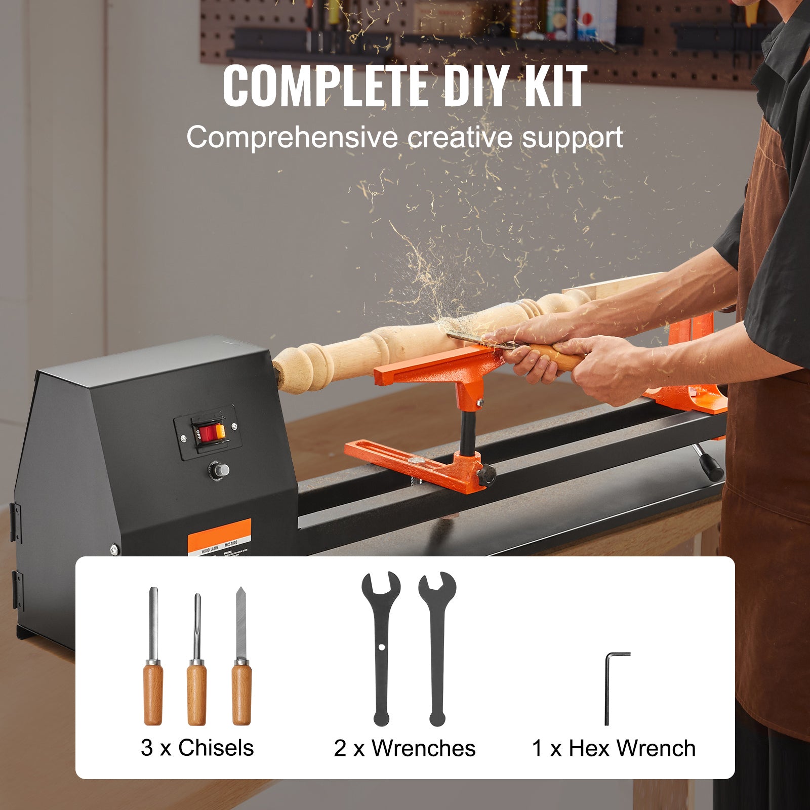 Benchtop Wood Lathe, 14 in x 40 in, 0.5 HP 370W Power Wood Turning Lathe Machine, 4 Speed Adjustable 885/1245/1715/2425 RPM with Chisels Faceplate Plastic Handle Hex Wrench, for Woodworking