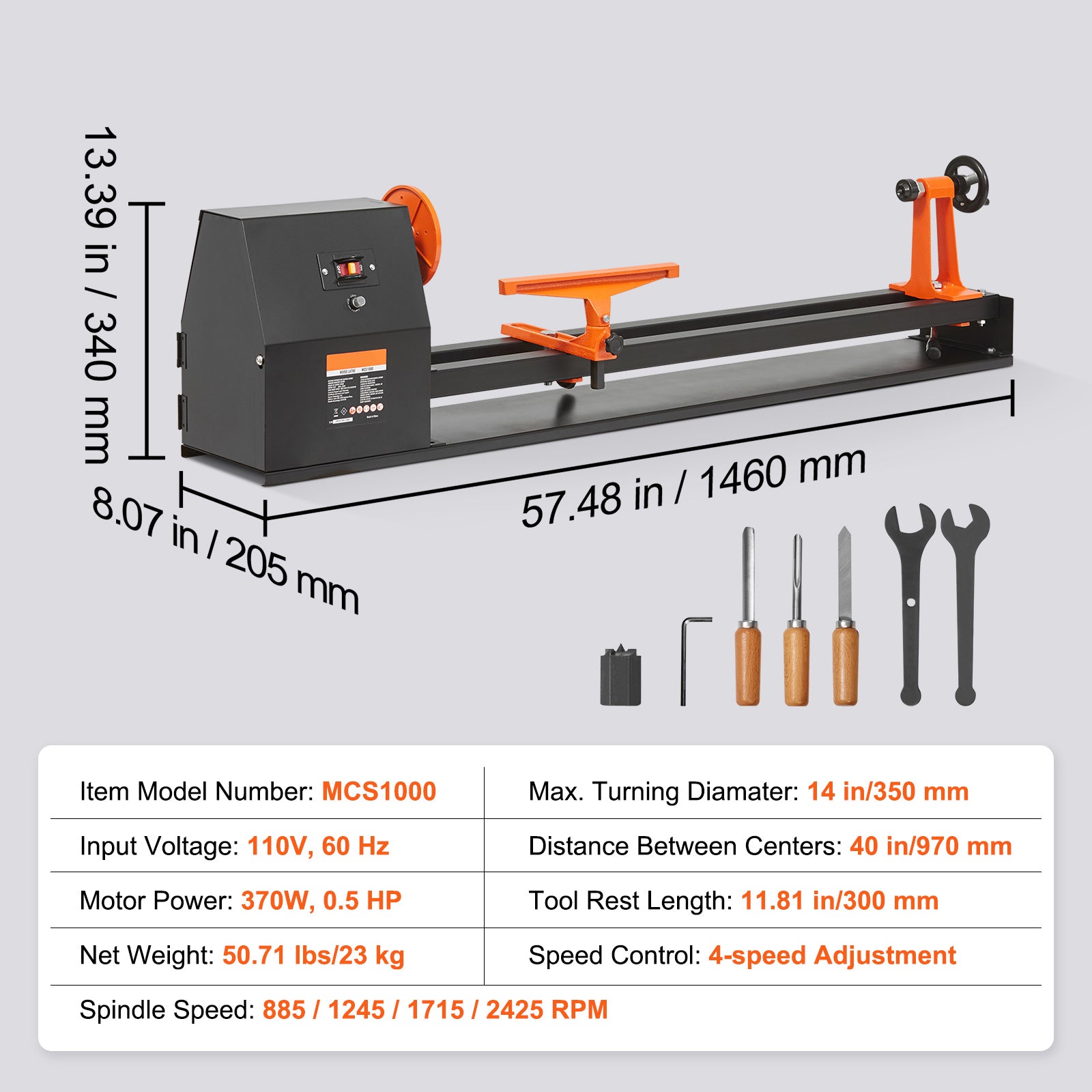 Benchtop Wood Lathe, 14 in x 40 in, 0.5 HP 370W Power Wood Turning Lathe Machine, 4 Speed Adjustable 885/1245/1715/2425 RPM with Chisels Faceplate Plastic Handle Hex Wrench, for Woodworking