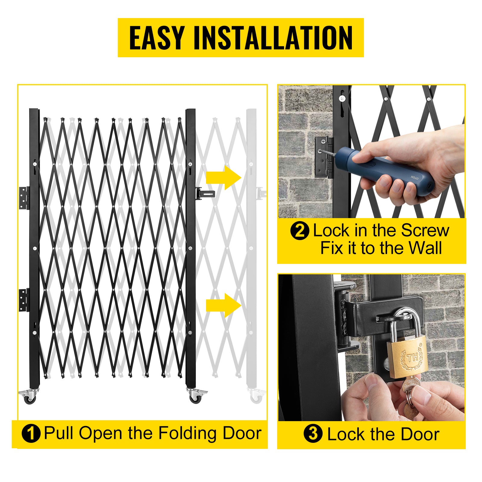 Single Folding Security Gate, 7 ft H x 7 ft W Folding Door Gate, Steel Accordion Security Gate, Flexible Expanding Security Gate, 360° Rolling Barricade Gate, Scissor Gate/Door with Padlock