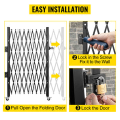 Single Folding Security Gate, 7 ft H x 7 ft W Folding Door Gate, Steel Accordion Security Gate, Flexible Expanding Security Gate, 360° Rolling Barricade Gate, Scissor Gate/Door with Padlock