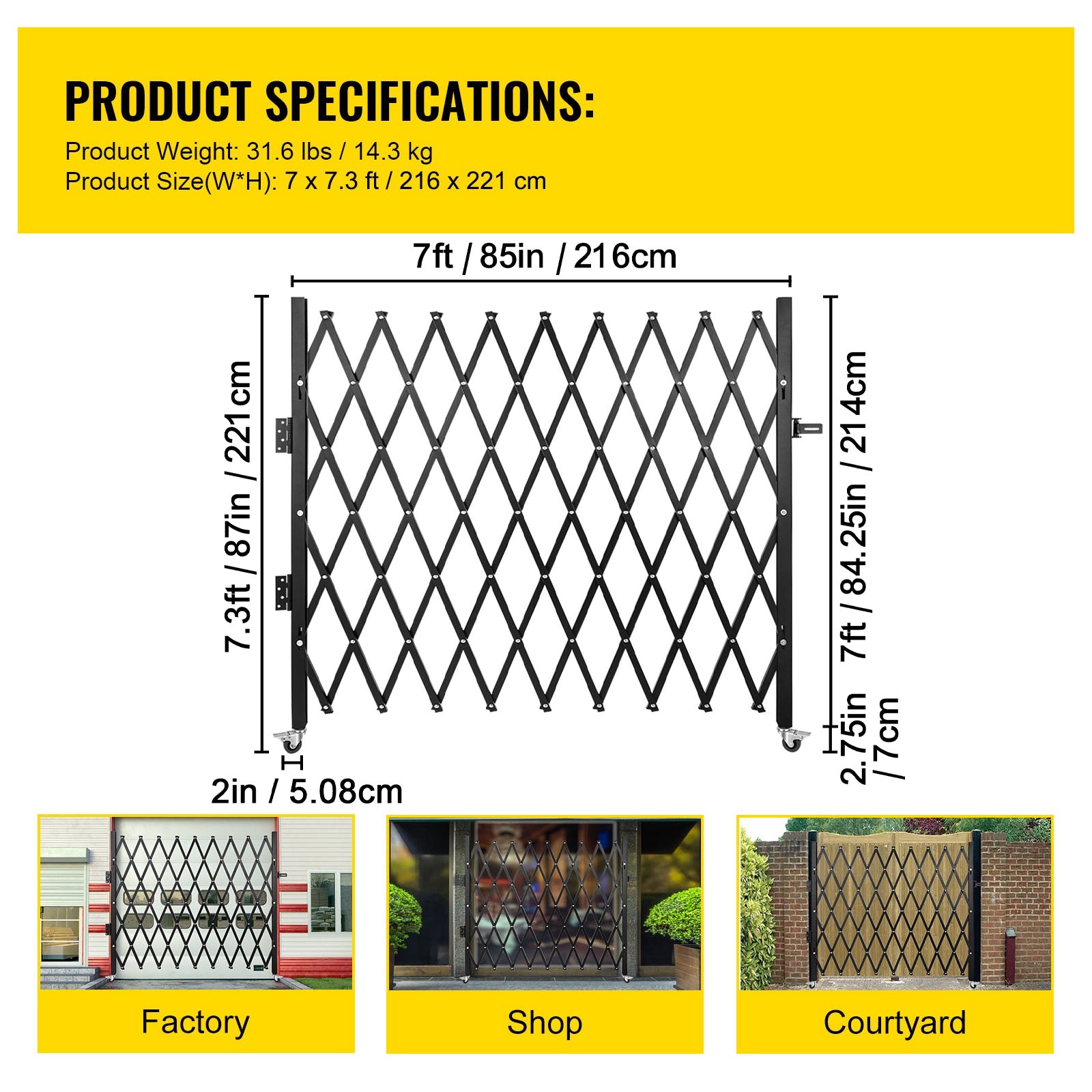 Single Folding Security Gate, 7 ft H x 7 ft W Folding Door Gate, Steel Accordion Security Gate, Flexible Expanding Security Gate, 360° Rolling Barricade Gate, Scissor Gate/Door with Padlock