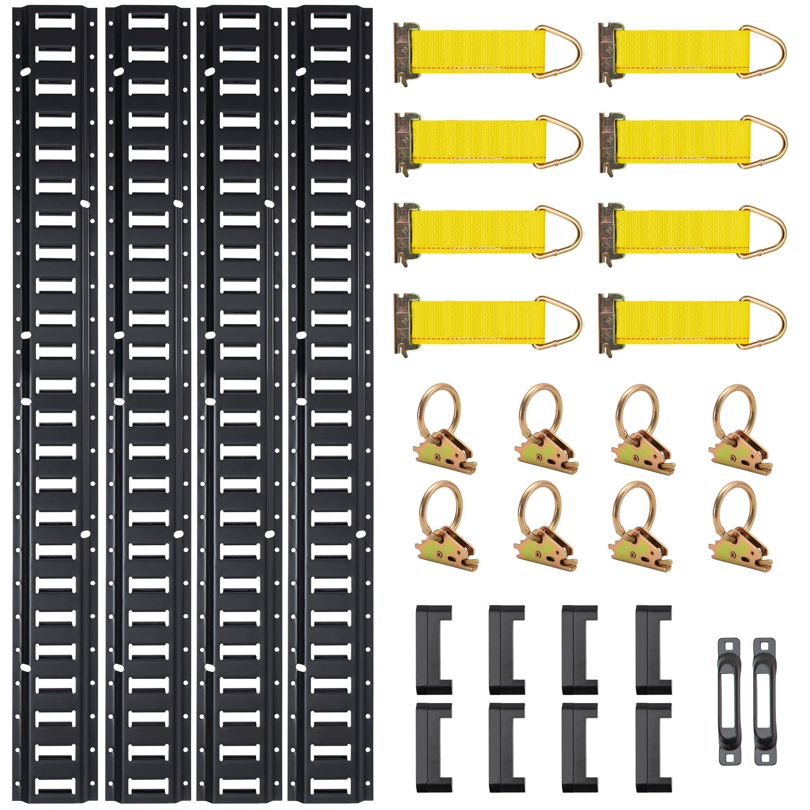 E Track Tie-Down Rail Kit, 30PCS 5FT E-Tracks Set Includes 4 Steel Rails & 2 Single Slot & 8 O Rings & 8 Tie-Offs w/D-Ring & 8 End Caps, Securing Accessories for Cargo, Motorcycles, and Bikes