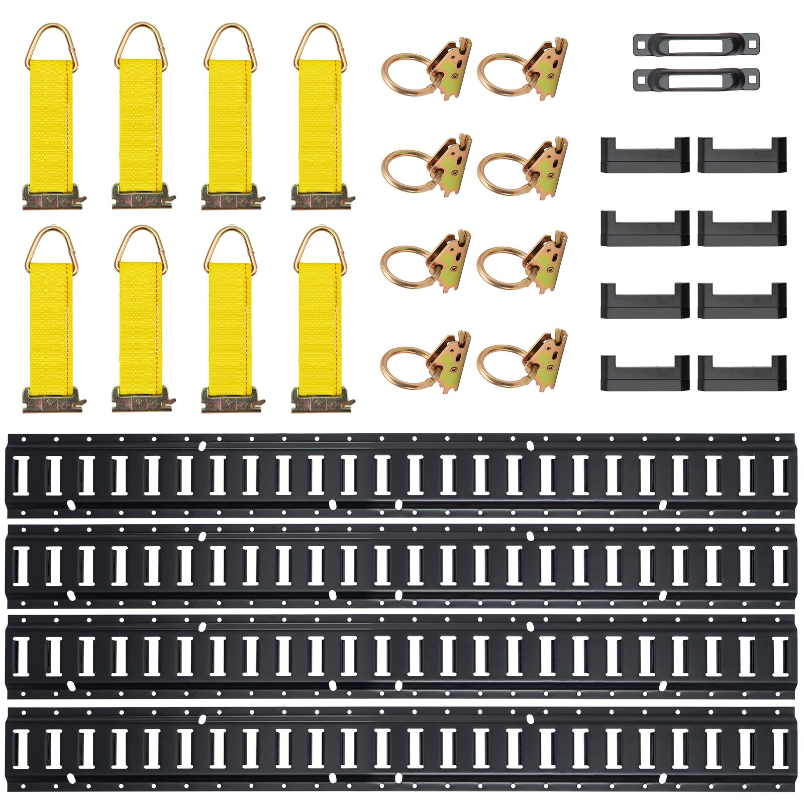 E Track Tie-Down Rail Kit, 30PCS 5FT E-Tracks Set Includes 4 Steel Rails & 2 Single Slot & 8 O Rings & 8 Tie-Offs w/D-Ring & 8 End Caps, Securing Accessories for Cargo, Motorcycles, and Bikes
