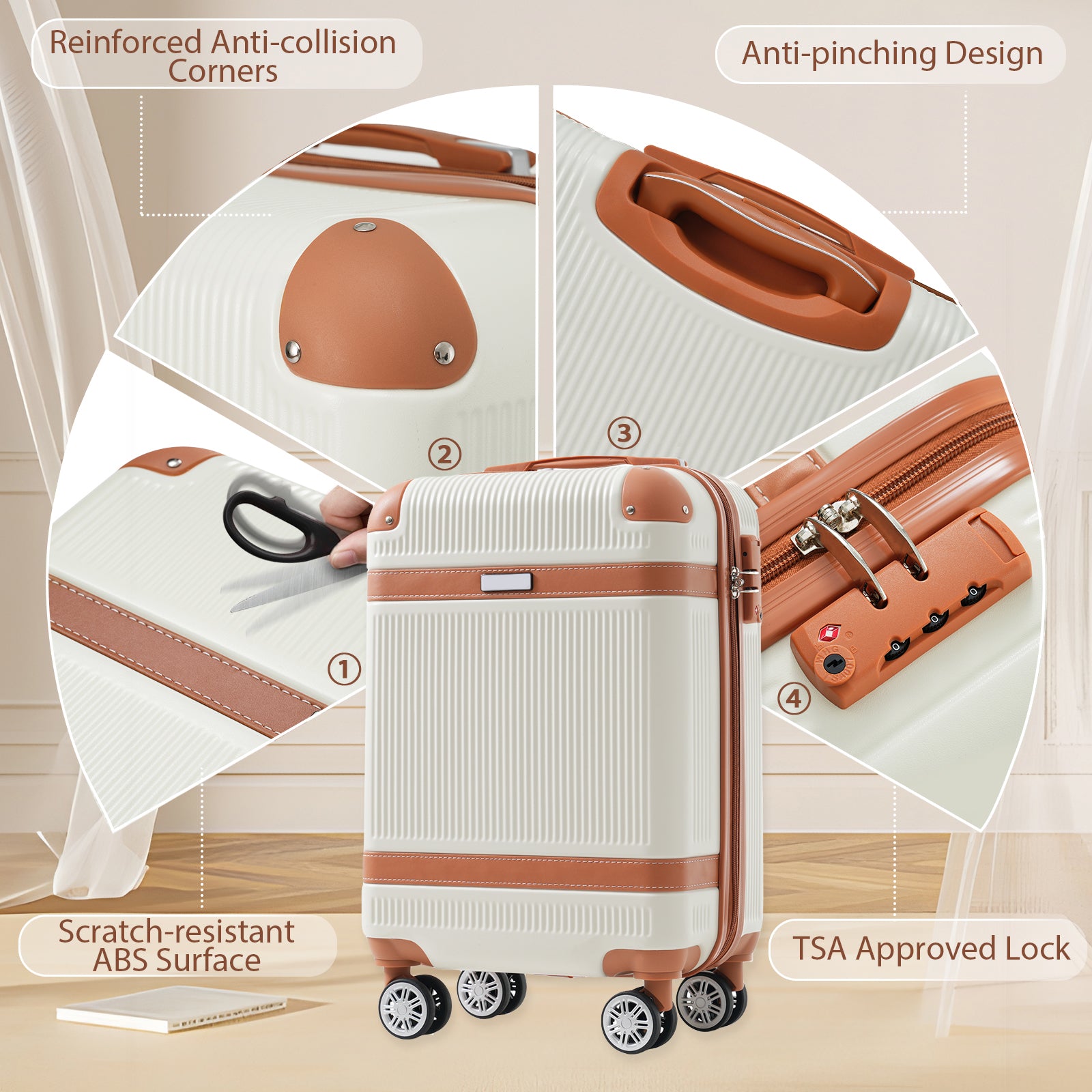 Hardshell Luggage Set 3-Piece, 20 Inch Carry-On Suitcase with Spinner Wheels TSA Lock, Lightweight Durable ABS for Travel Business, Cream