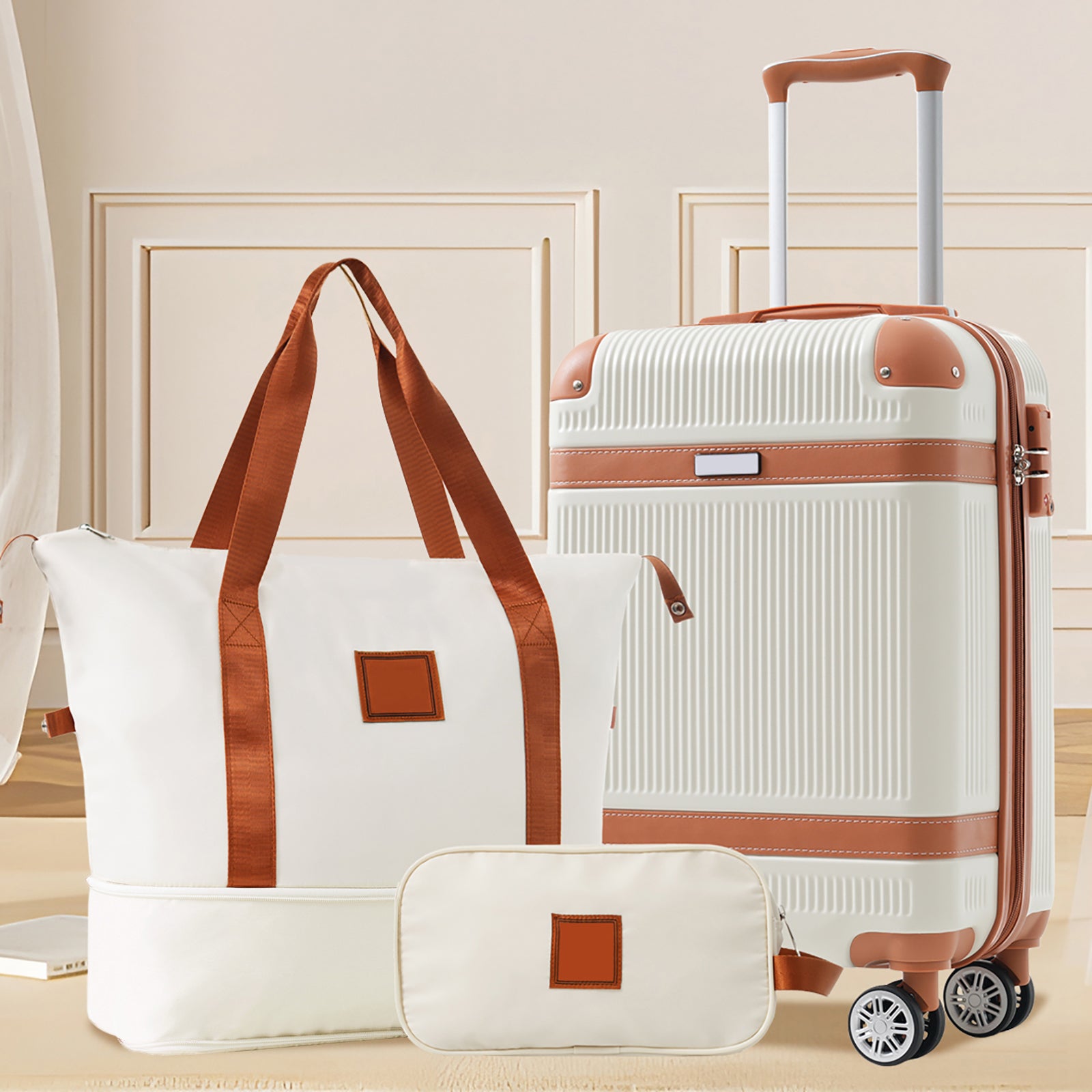 Hardshell Luggage Set 3-Piece, 20 Inch Carry-On Suitcase with Spinner Wheels TSA Lock, Lightweight Durable ABS for Travel Business, Cream