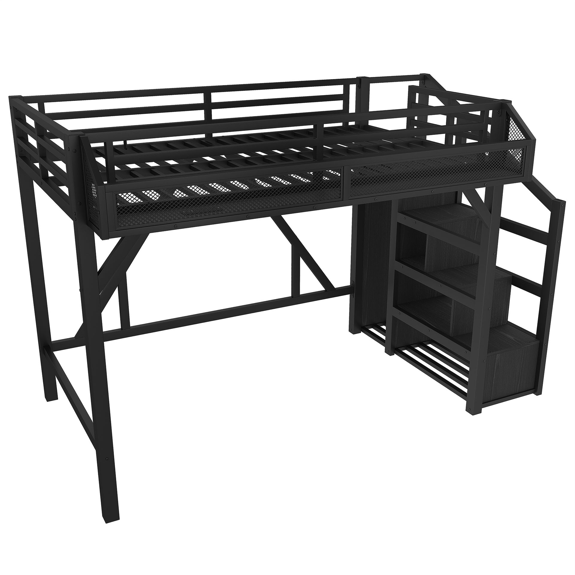 Twin XL Loft Bed with Storage Stairs, Shelves and Built-in Wardrobe, Metal Loft Bed Frame with USB Ports and LED Lights, Noise-reduced Design, Black
