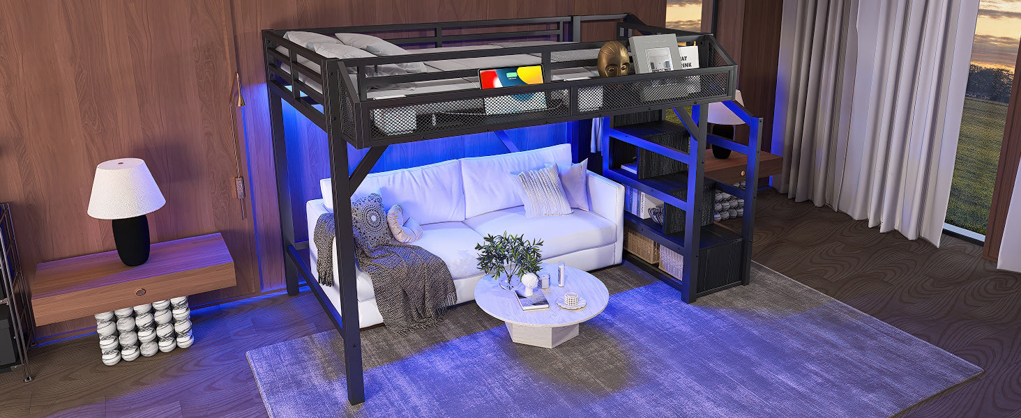Twin XL Loft Bed with Storage Stairs, Shelves and Built-in Wardrobe, Metal Loft Bed Frame with USB Ports and LED Lights, Noise-reduced Design, Black