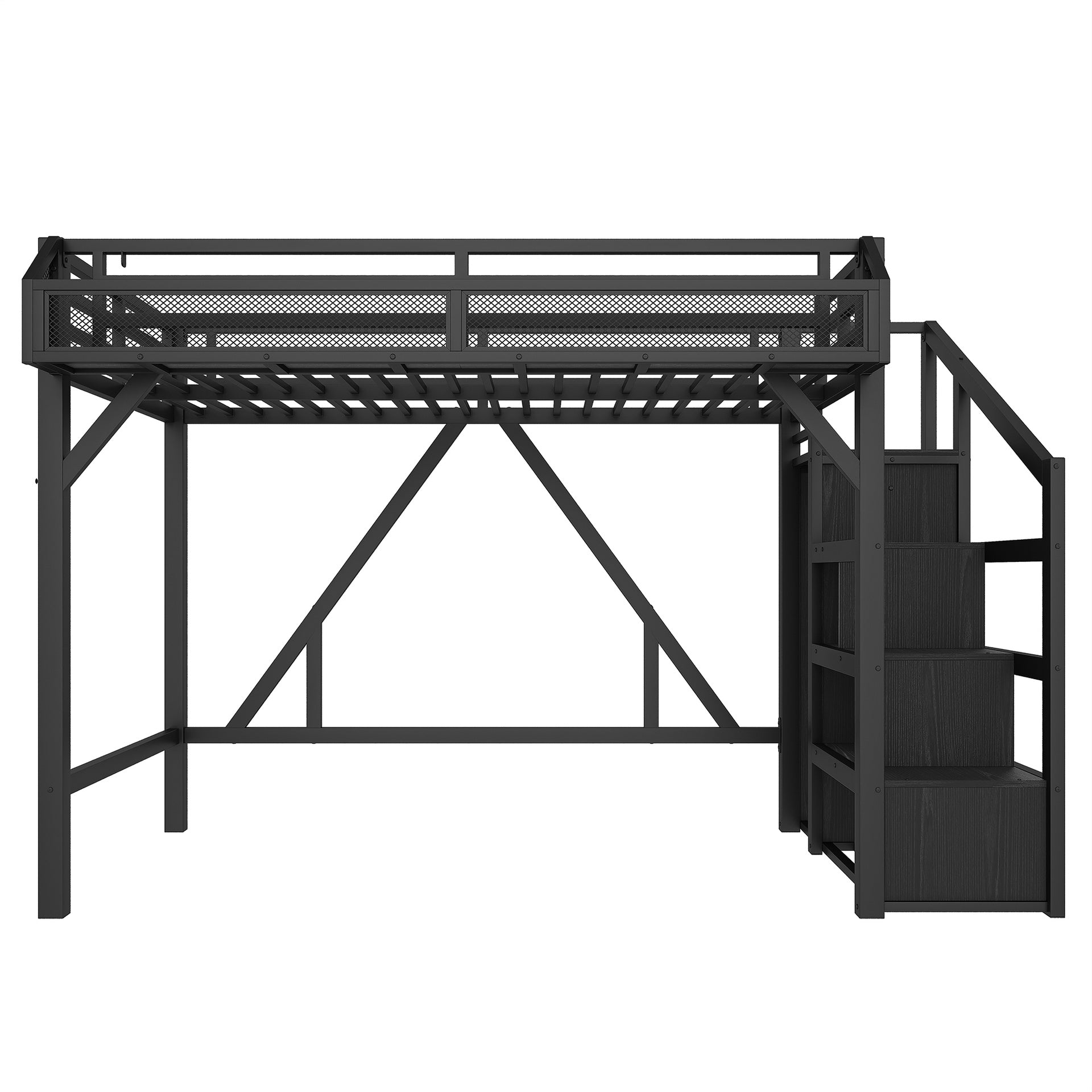 Twin XL Loft Bed with Storage Stairs, Shelves and Built-in Wardrobe, Metal Loft Bed Frame with USB Ports and LED Lights, Noise-reduced Design, Black