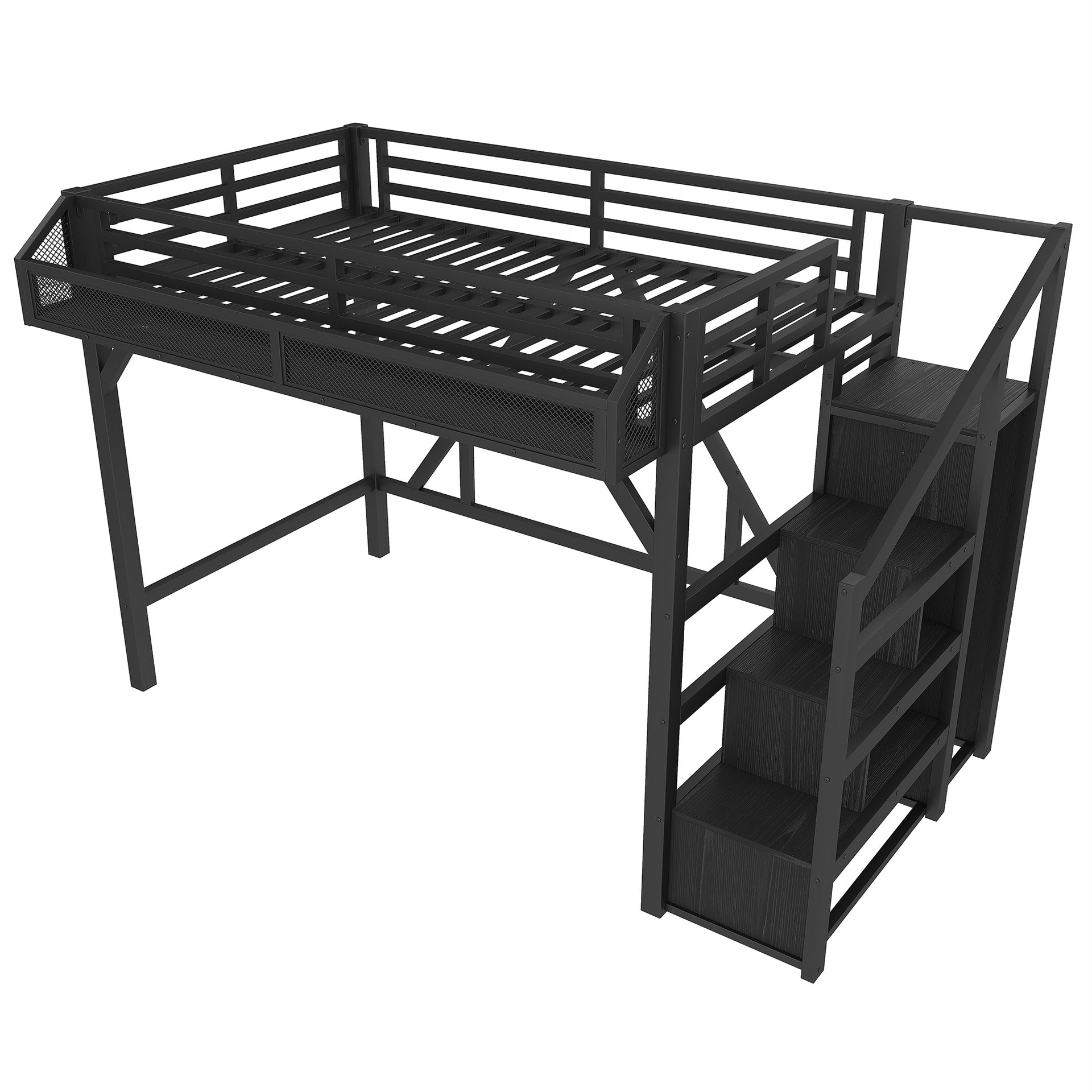 Twin XL Loft Bed with Storage Stairs, Shelves and Built-in Wardrobe, Metal Loft Bed Frame with USB Ports and LED Lights, Noise-reduced Design, Black