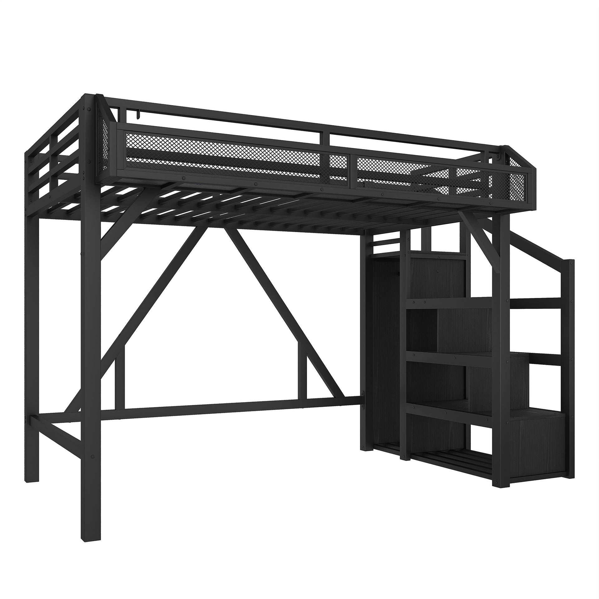 Twin XL Loft Bed with Storage Stairs, Shelves and Built-in Wardrobe, Metal Loft Bed Frame with USB Ports and LED Lights, Noise-reduced Design, Black