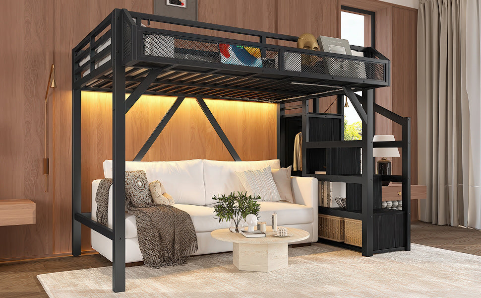 Twin XL Loft Bed with Storage Stairs, Shelves and Built-in Wardrobe, Metal Loft Bed Frame with USB Ports and LED Lights, Noise-reduced Design, Black