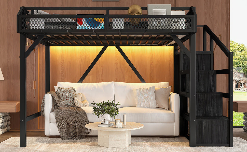 Twin XL Loft Bed with Storage Stairs, Shelves and Built-in Wardrobe, Metal Loft Bed Frame with USB Ports and LED Lights, Noise-reduced Design, Black