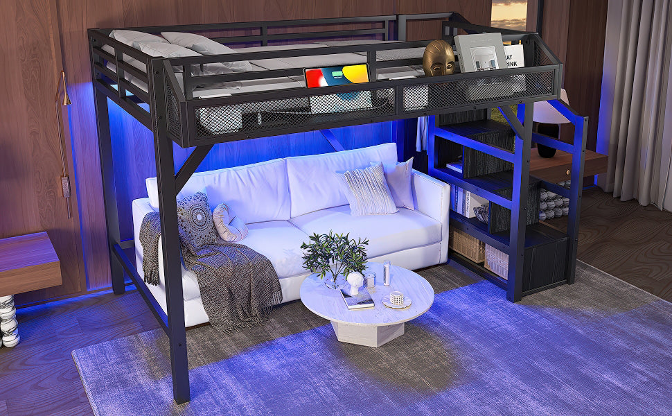 Twin XL Loft Bed with Storage Stairs, Shelves and Built-in Wardrobe, Metal Loft Bed Frame with USB Ports and LED Lights, Noise-reduced Design, Black