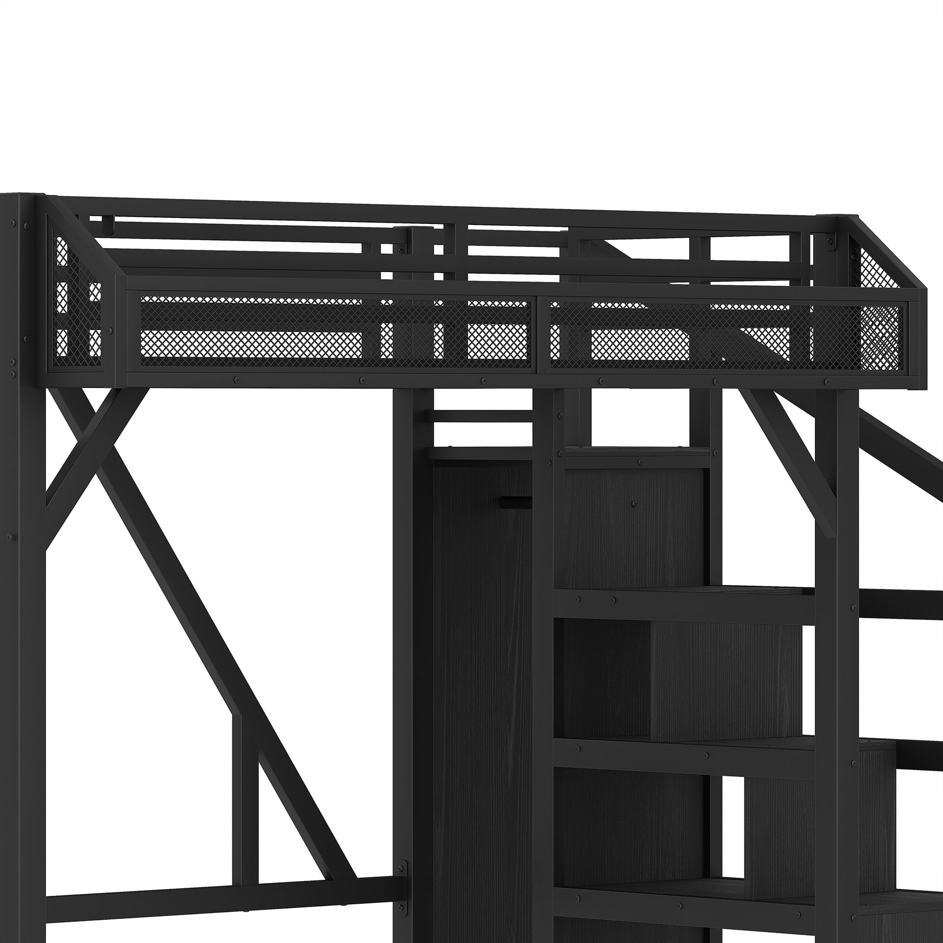 Twin XL Loft Bed with Storage Stairs, Shelves and Built-in Wardrobe, Metal Loft Bed Frame with USB Ports and LED Lights, Noise-reduced Design, Black