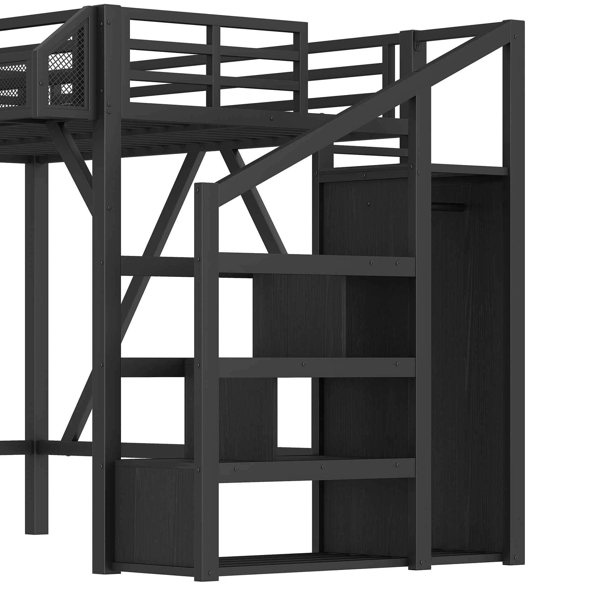 Twin XL Loft Bed with Storage Stairs, Shelves and Built-in Wardrobe, Metal Loft Bed Frame with USB Ports and LED Lights, Noise-reduced Design, Black