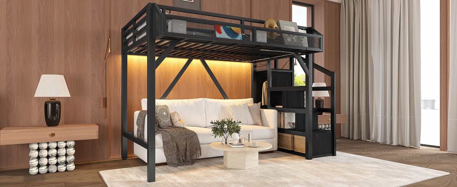 Twin XL Loft Bed with Storage Stairs, Shelves and Built-in Wardrobe, Metal Loft Bed Frame with USB Ports and LED Lights, Noise-reduced Design, Black