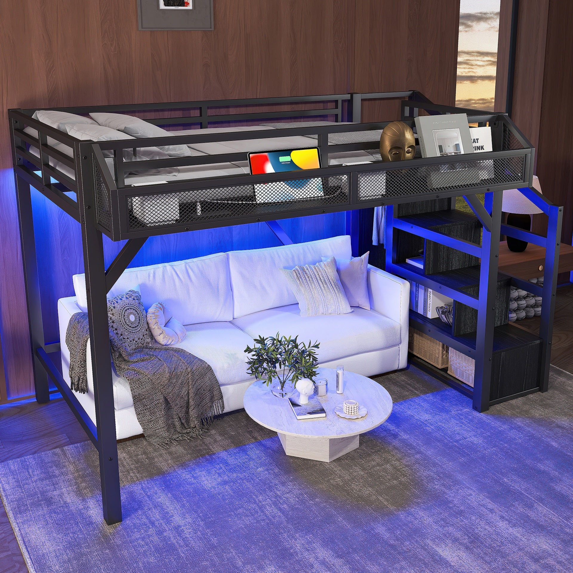 Twin XL Loft Bed with Storage Stairs, Shelves and Built-in Wardrobe, Metal Loft Bed Frame with USB Ports and LED Lights, Noise-reduced Design, Black