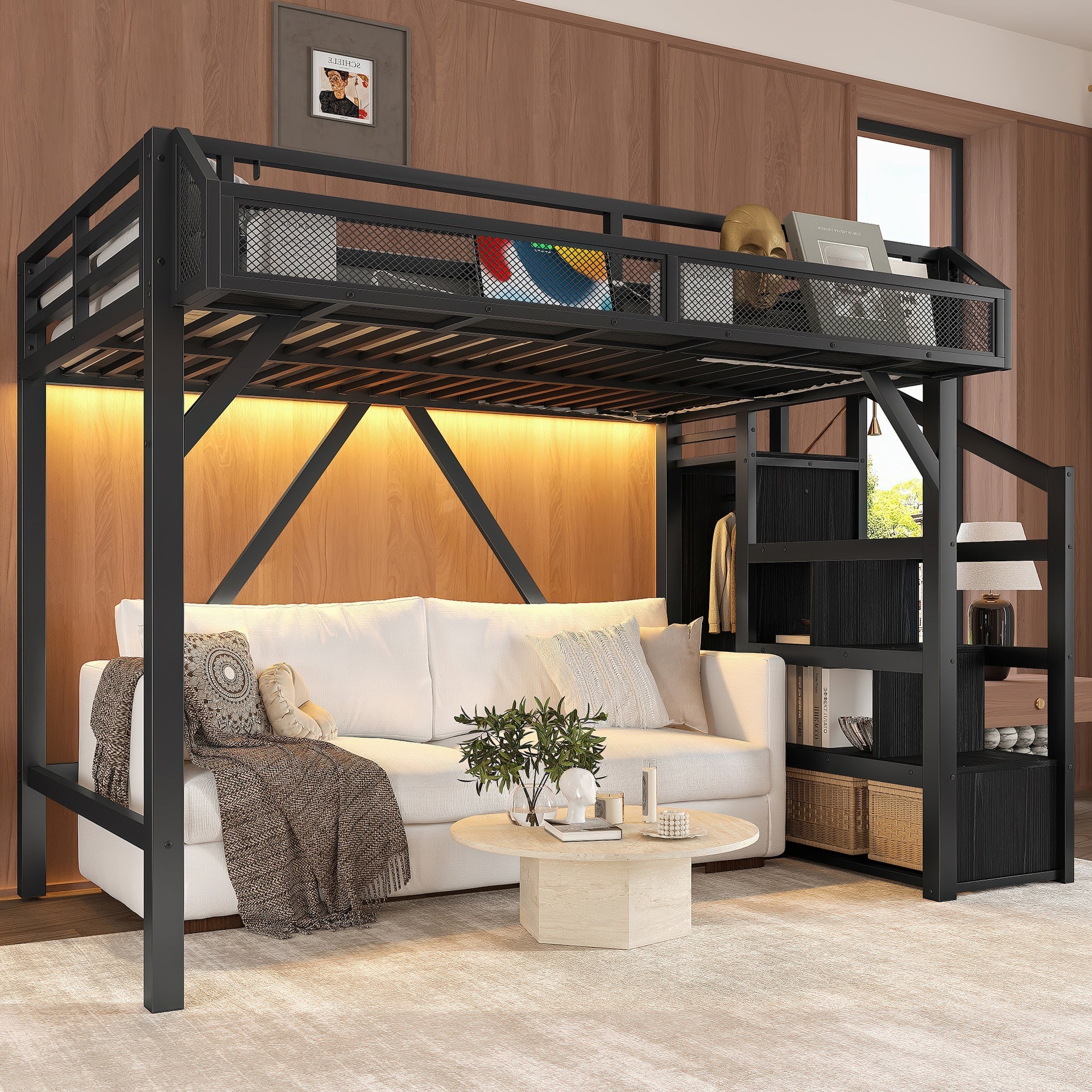 Twin XL Loft Bed with Storage Stairs, Shelves and Built-in Wardrobe, Metal Loft Bed Frame with USB Ports and LED Lights, Noise-reduced Design, Black