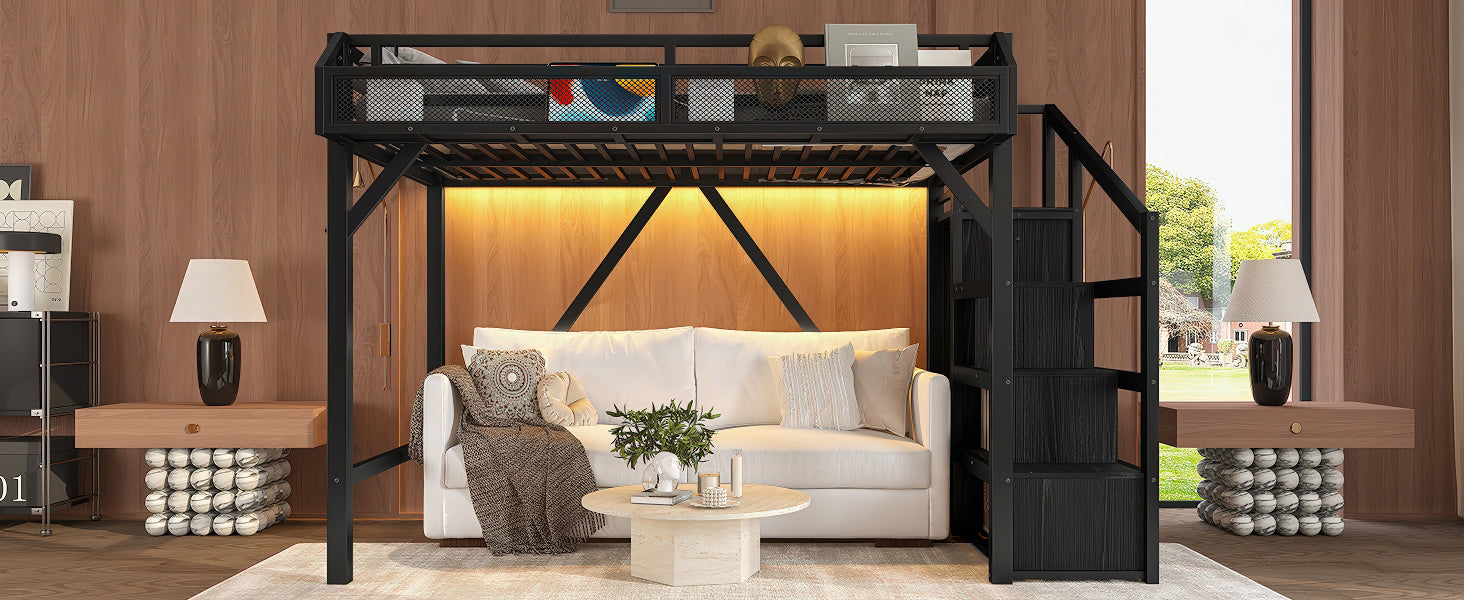 Twin XL Loft Bed with Storage Stairs, Shelves and Built-in Wardrobe, Metal Loft Bed Frame with USB Ports and LED Lights, Noise-reduced Design, Black