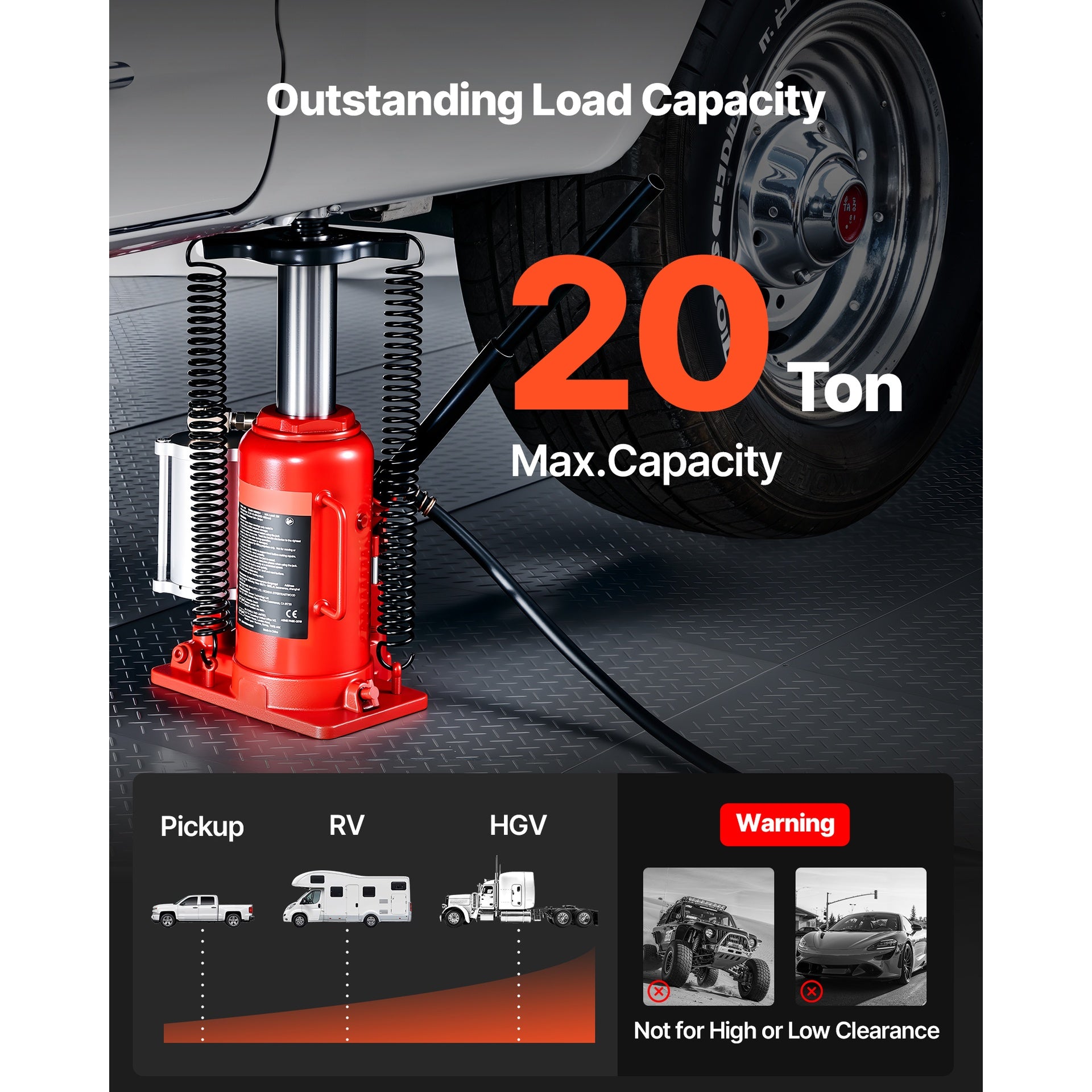 Air Hydraulic Bottle Jack, 20 Ton (44092 lbs) Capacity, 10.2-19.5 Inch Lifting Range, Pneumatic/Manual Heavy Duty Welded Bottle Jack with Pump for Car, SUV, Pickup, Truck, RV, Auto Repair, Red