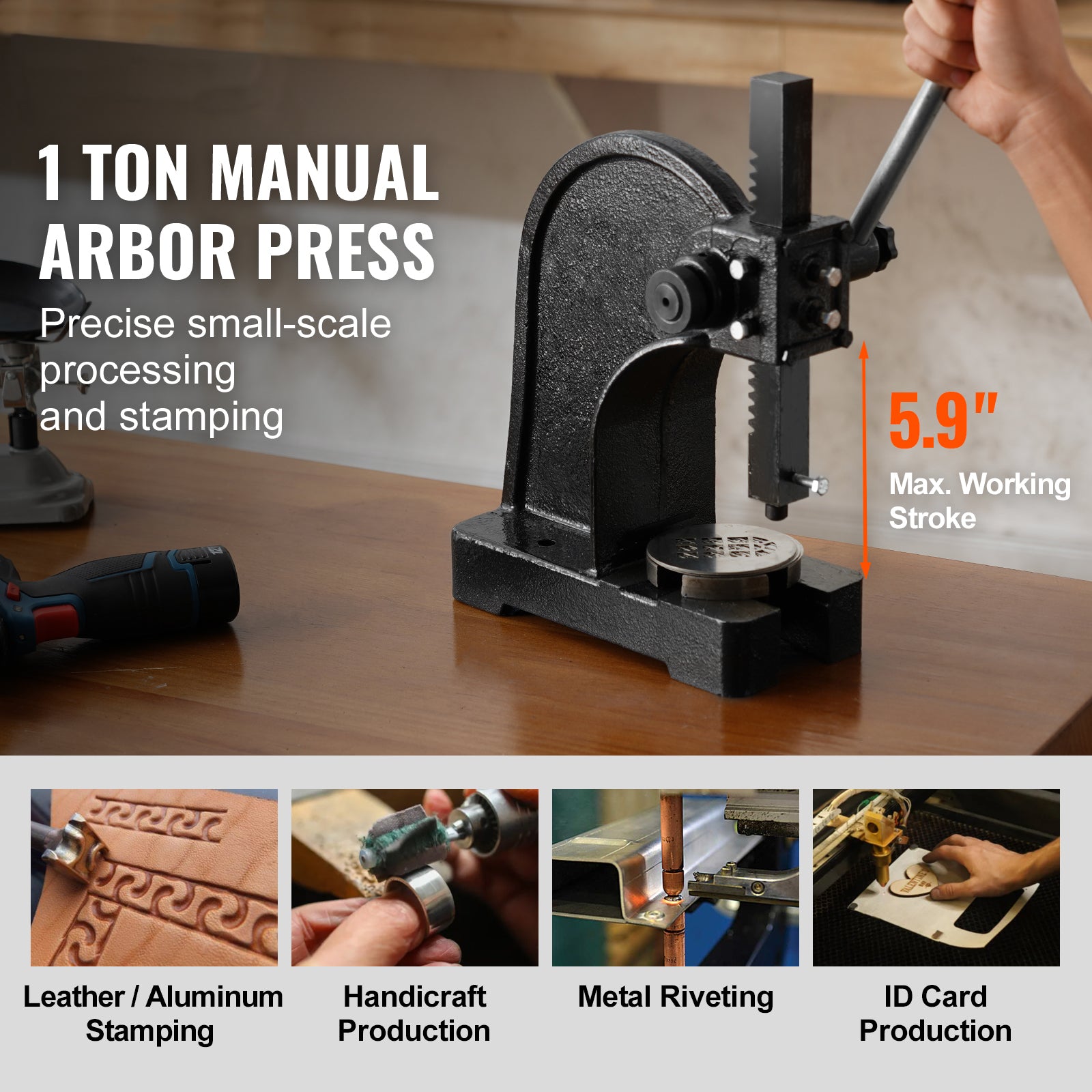 Arbor Press, 1 Ton Manual Arbor Press, 5.9" Maximum Height, Cast Iron Heavy-duty Manual Desktop Arbor Press, Precision Hand Press for Stamping, Bending, Stretching, Forming