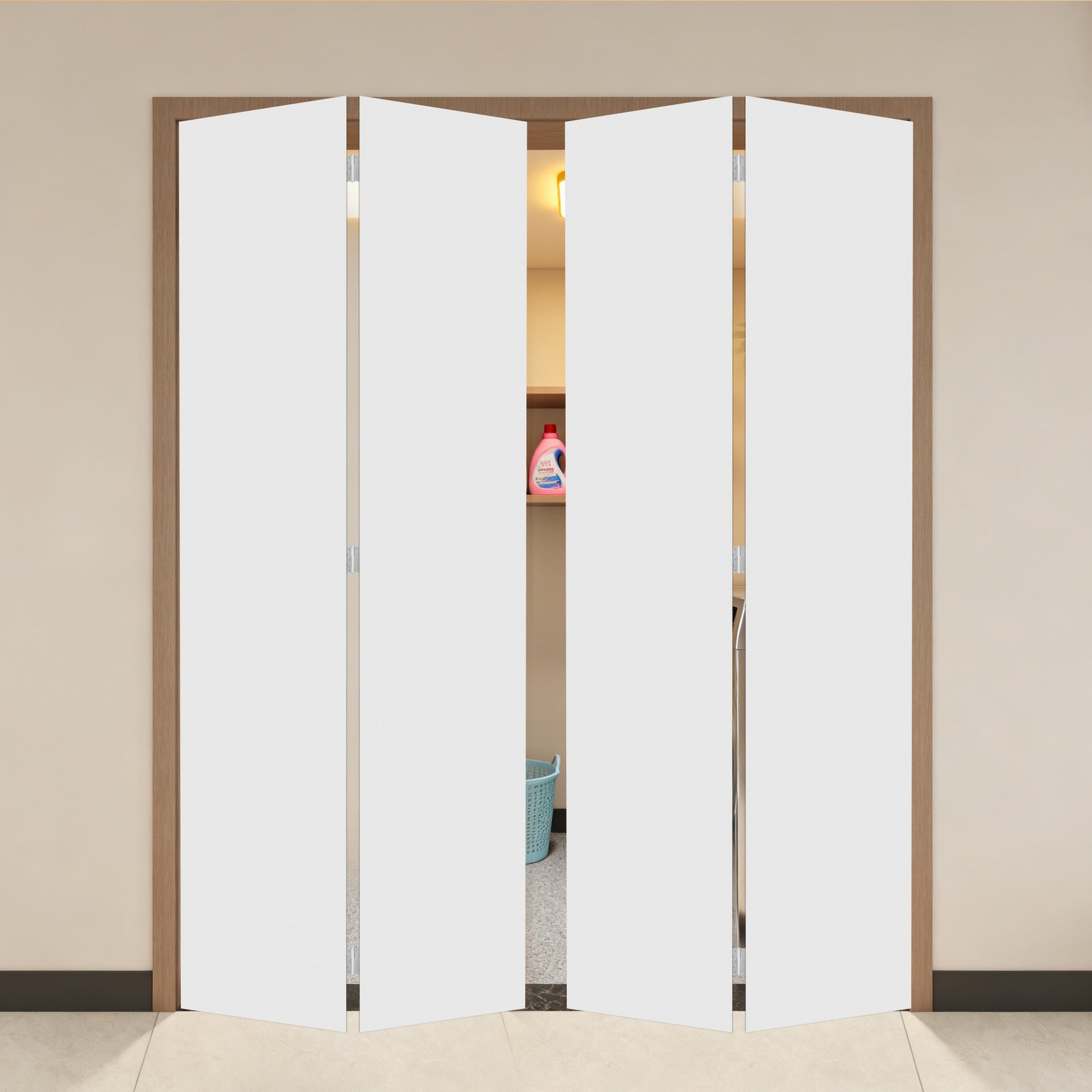18Double Modern flat panel 42 in. x 84 in. Solid Core White Finished Vinyl bi-fold door With Hardware kit
