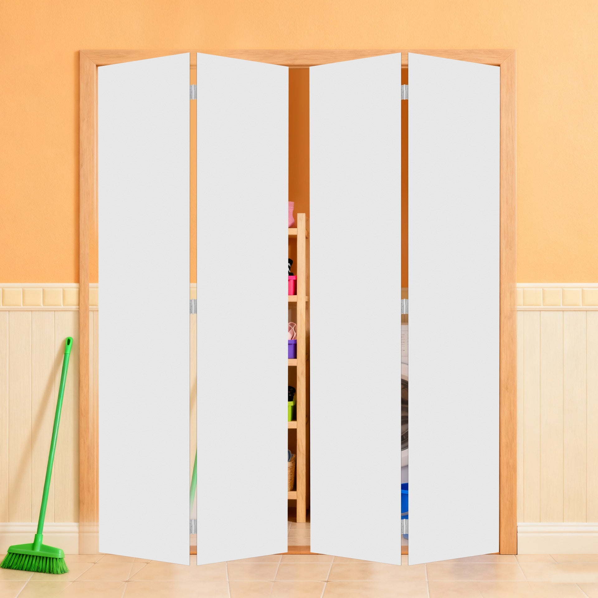 18Double Modern flat panel 76 in. x 84 in. Solid Core White Finished Vinyl bi-fold door With Hardware kit