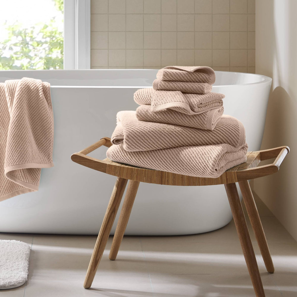 6-Piece 100% Cotton Quick Dry Diagonal Ribbed 6pcs Towel Set, Beige