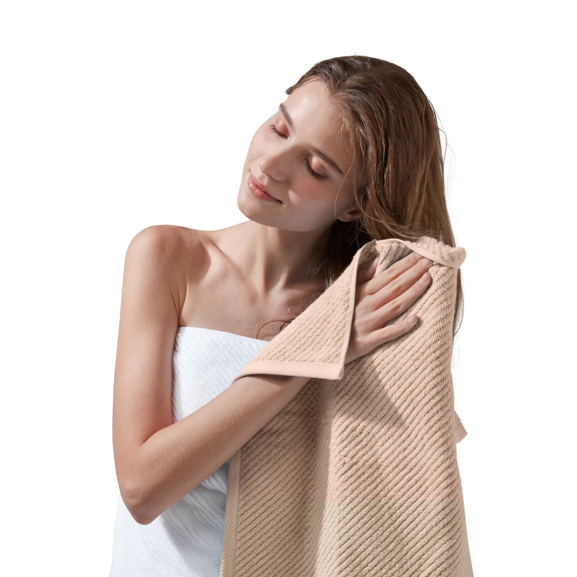 6-Piece 100% Cotton Quick Dry Diagonal Ribbed 6pcs Towel Set, Beige