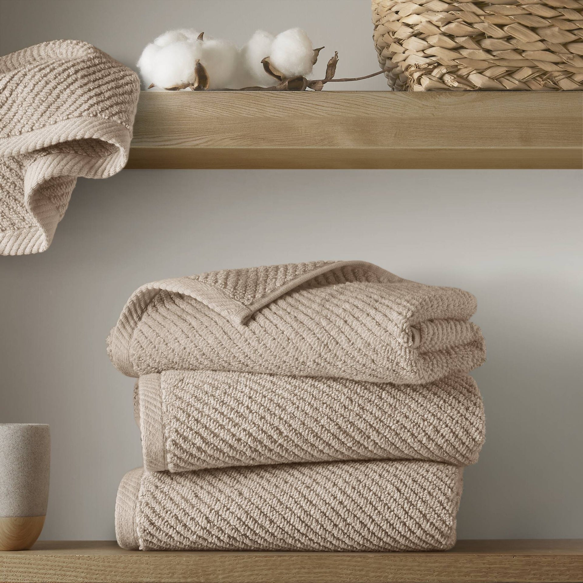 6-Piece 100% Cotton Quick Dry Diagonal Ribbed 6pcs Towel Set, Beige