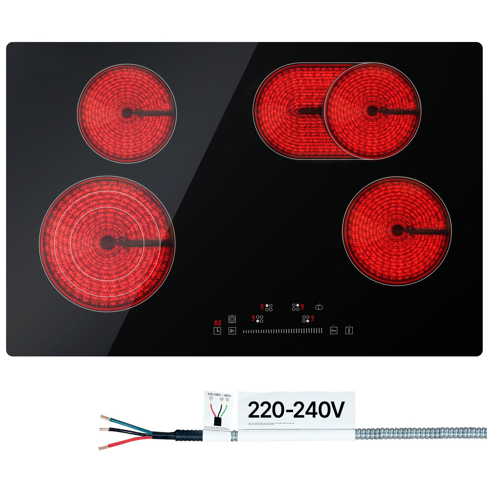 Built in Electric Stove Top, 30.3 x 20.5 inch 4 Burners, 240V Glass Radiant Cooktop with Sensor Touch Control, Timer & Child Lock Included, 9 Power Levels for Simmer Steam Slow Cook Fry