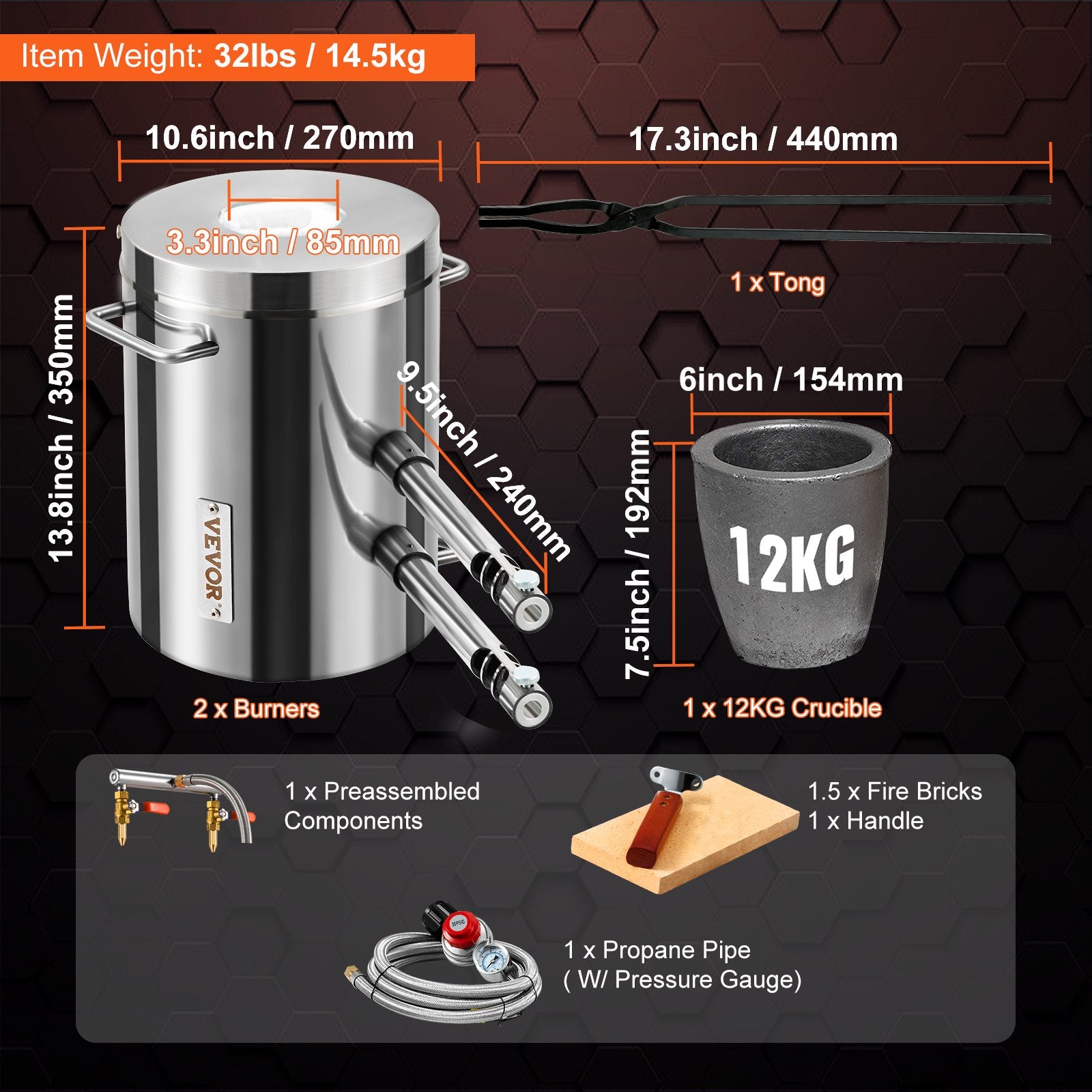 Propane Melting Furnace Kit, 12KG Large Capacity Foundry Home Kilns,Stainless Steel Smelter,  Blacksmithing Forge with Crucible an Tongs Kiln, For Metal Scrap Recycle, Gold Copper Silver Casting