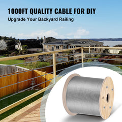 Stainless Steel Cable 3/16"x 1000ft, T316 Marine Grade Deck Cable Railing, 1x19 Strands Construction Braided Aircraft Cable for Deck Rail String Lights Hanging Porch Fence DIY Baluster