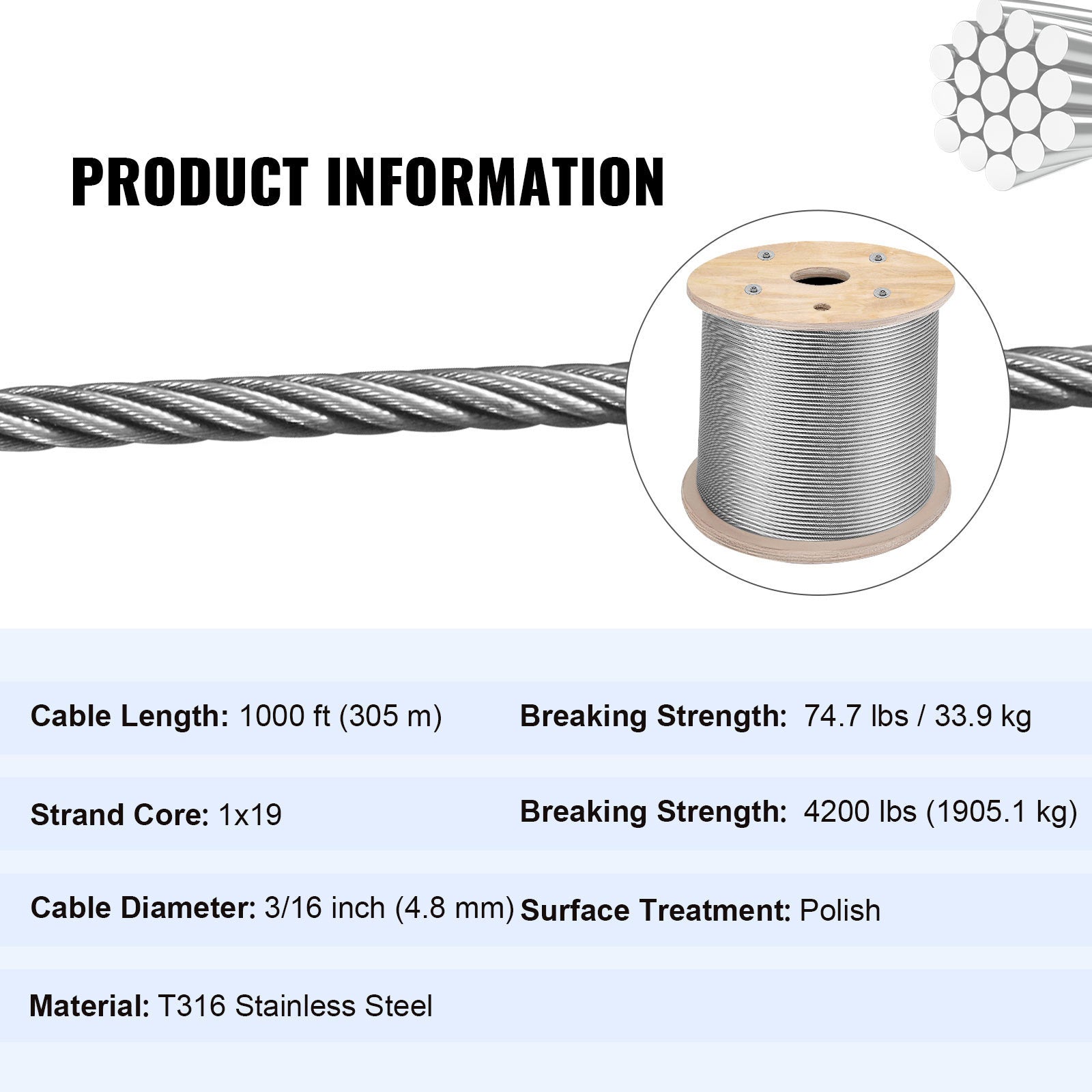 Stainless Steel Cable 3/16"x 1000ft, T316 Marine Grade Deck Cable Railing, 1x19 Strands Construction Braided Aircraft Cable for Deck Rail String Lights Hanging Porch Fence DIY Baluster