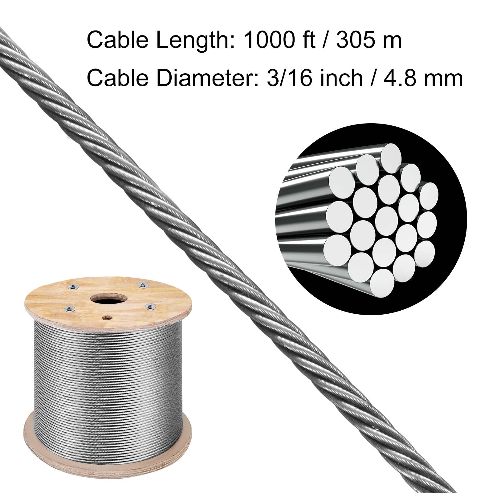 Stainless Steel Cable 3/16"x 1000ft, T316 Marine Grade Deck Cable Railing, 1x19 Strands Construction Braided Aircraft Cable for Deck Rail String Lights Hanging Porch Fence DIY Baluster