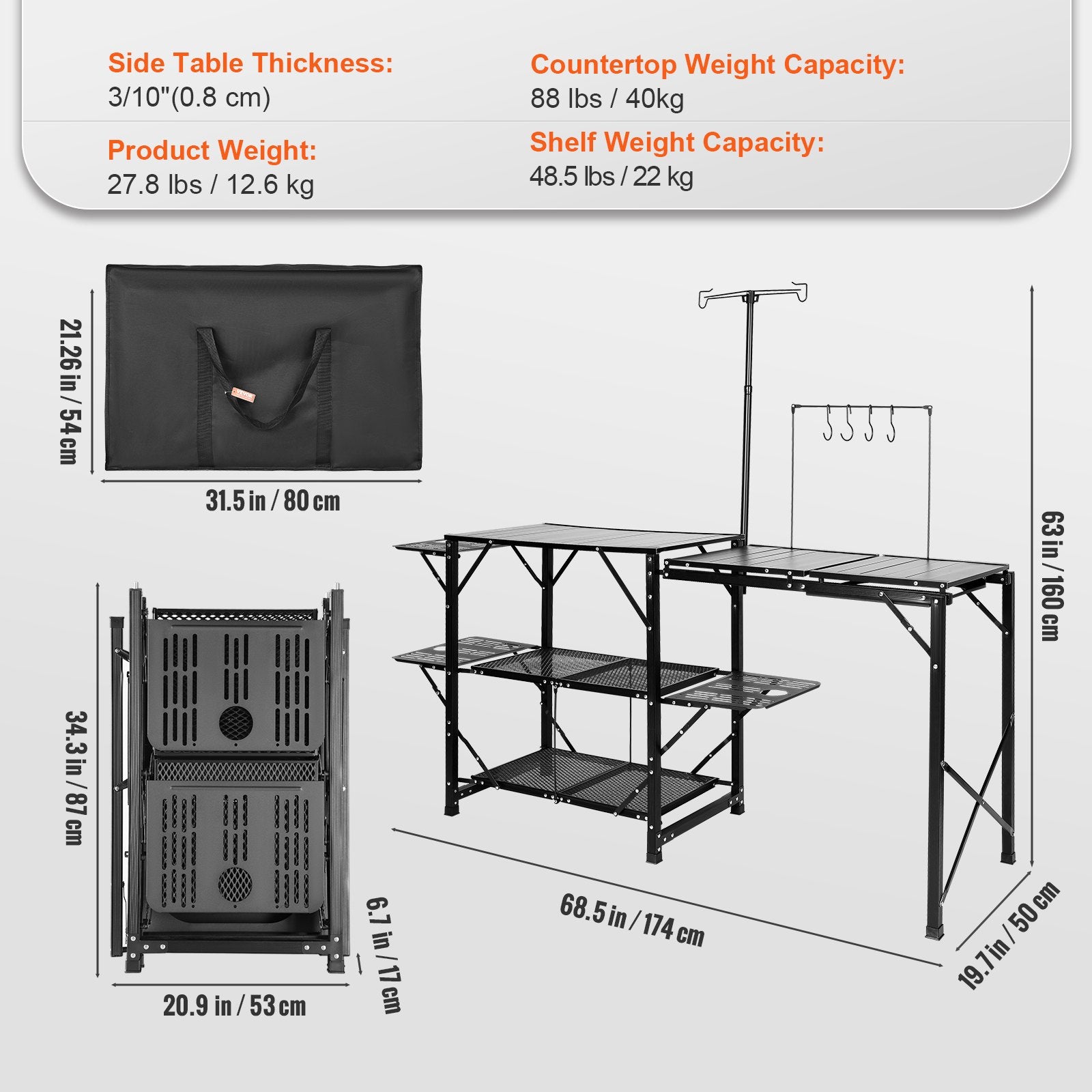 Camping Kitchen Table, One-piece Folding Portable Cook Station with A Carrying Bag, Long Aluminum Camping Table 3 Side Tables, 2 Shelves & A Detachable Sink for Outdoor Picnics, BBQs, Camping