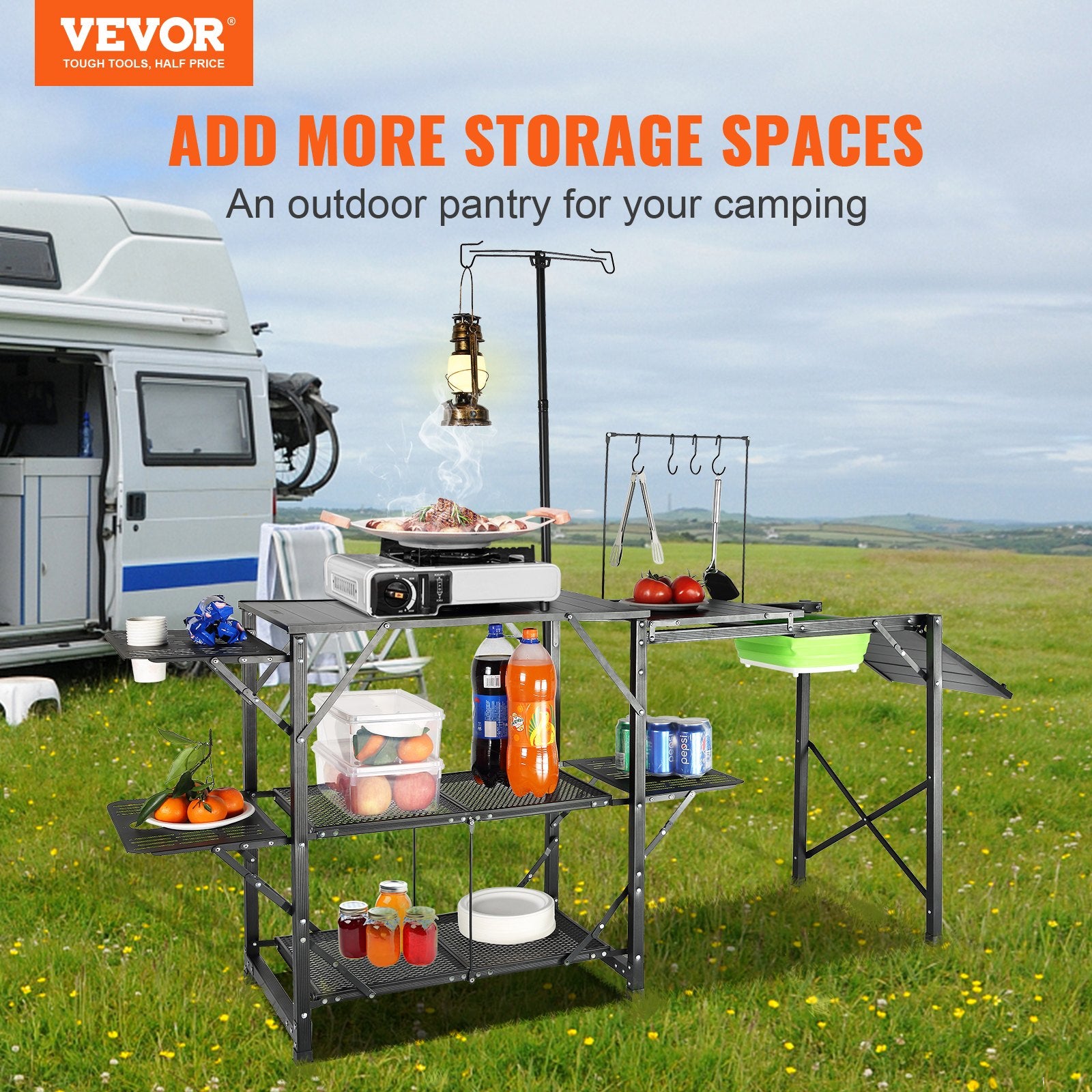 Camping Kitchen Table, One-piece Folding Portable Cook Station with A Carrying Bag, Long Aluminum Camping Table 3 Side Tables, 2 Shelves & A Detachable Sink for Outdoor Picnics, BBQs, Camping