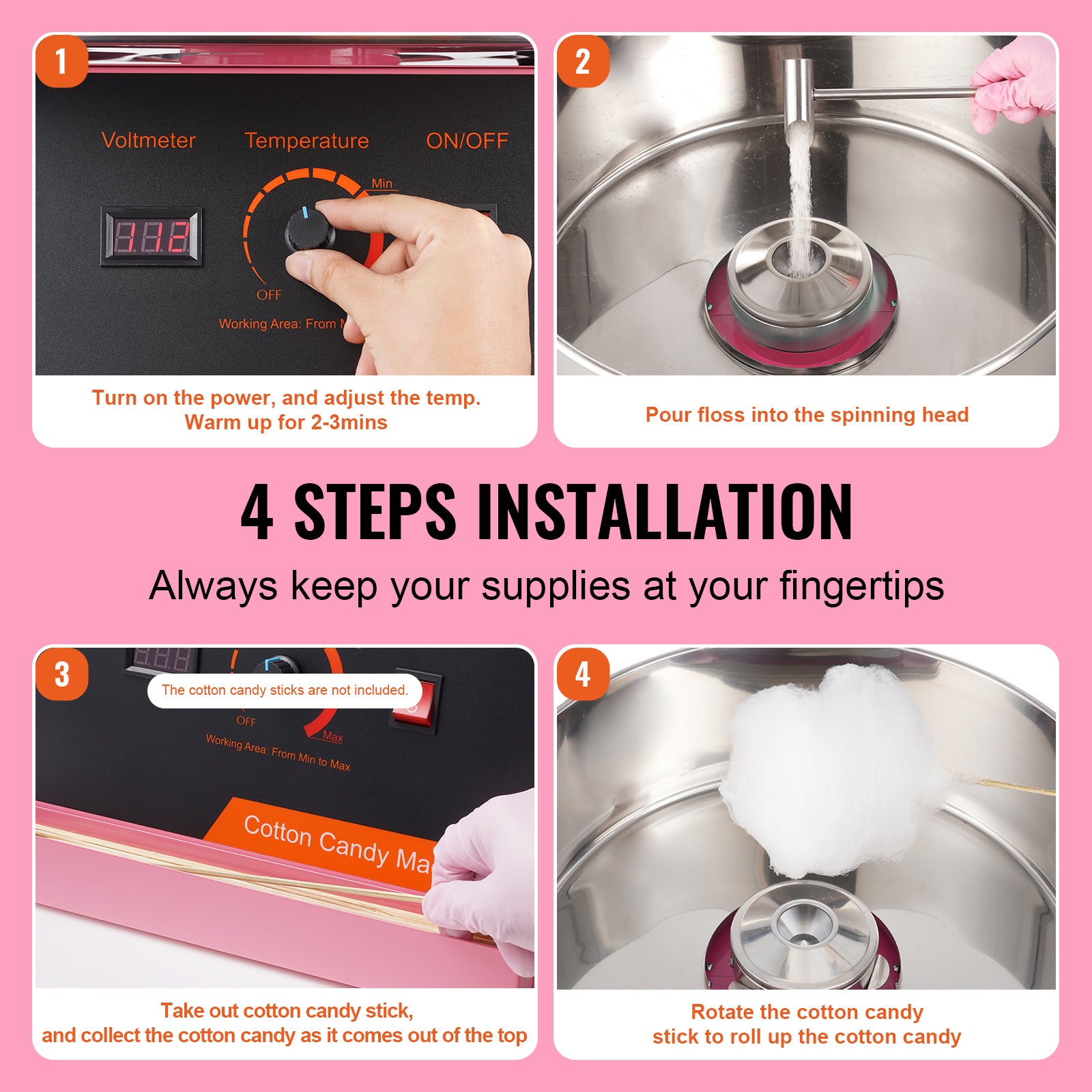 Electric Cotton Candy Machine, 1000W Candy Floss Maker, Commercial Cotton Candy Machine with Stainless Steel Bowl, and Sugar Scoop, Perfect for Home Kids Birthday, Family Party (Pink)