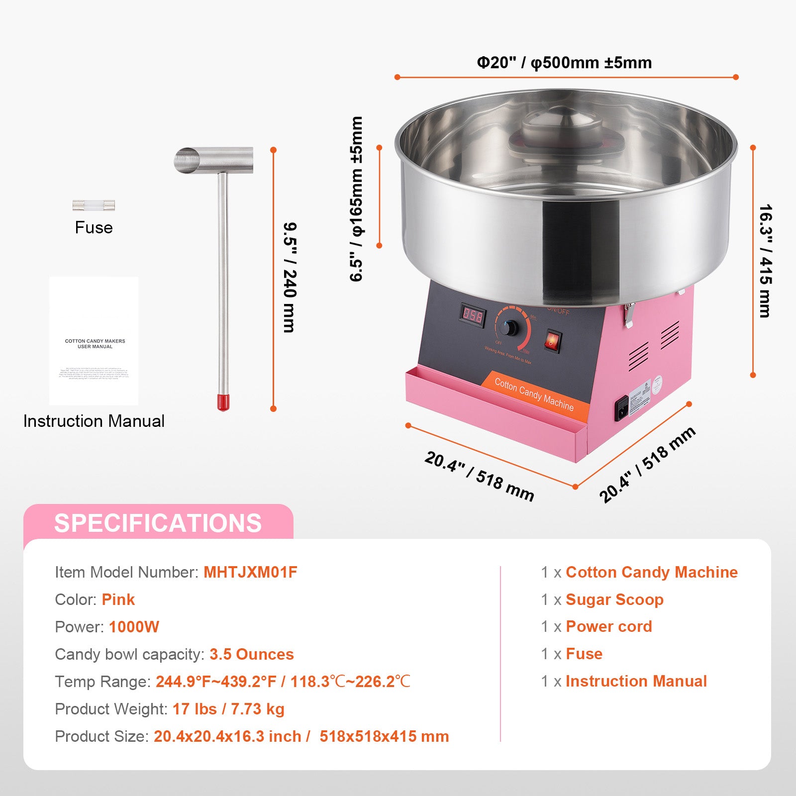 Electric Cotton Candy Machine, 1000W Candy Floss Maker, Commercial Cotton Candy Machine with Stainless Steel Bowl, and Sugar Scoop, Perfect for Home Kids Birthday, Family Party (Pink)