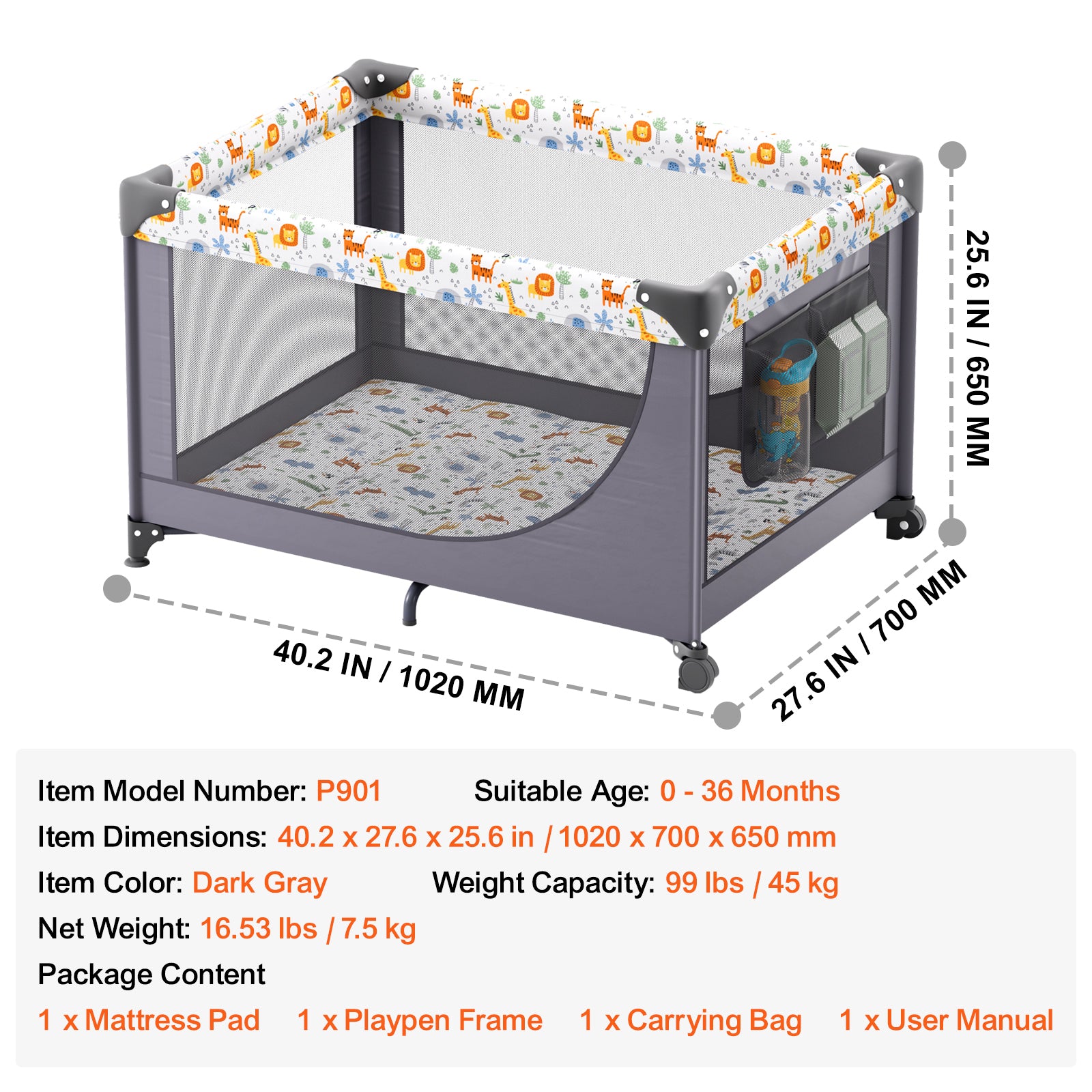 Baby Playpen Quick-Folding Portable Baby Toddler Fence Play Yard & Wheels