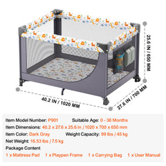 Baby Playpen Quick-Folding Portable Baby Toddler Fence Play Yard & Wheels