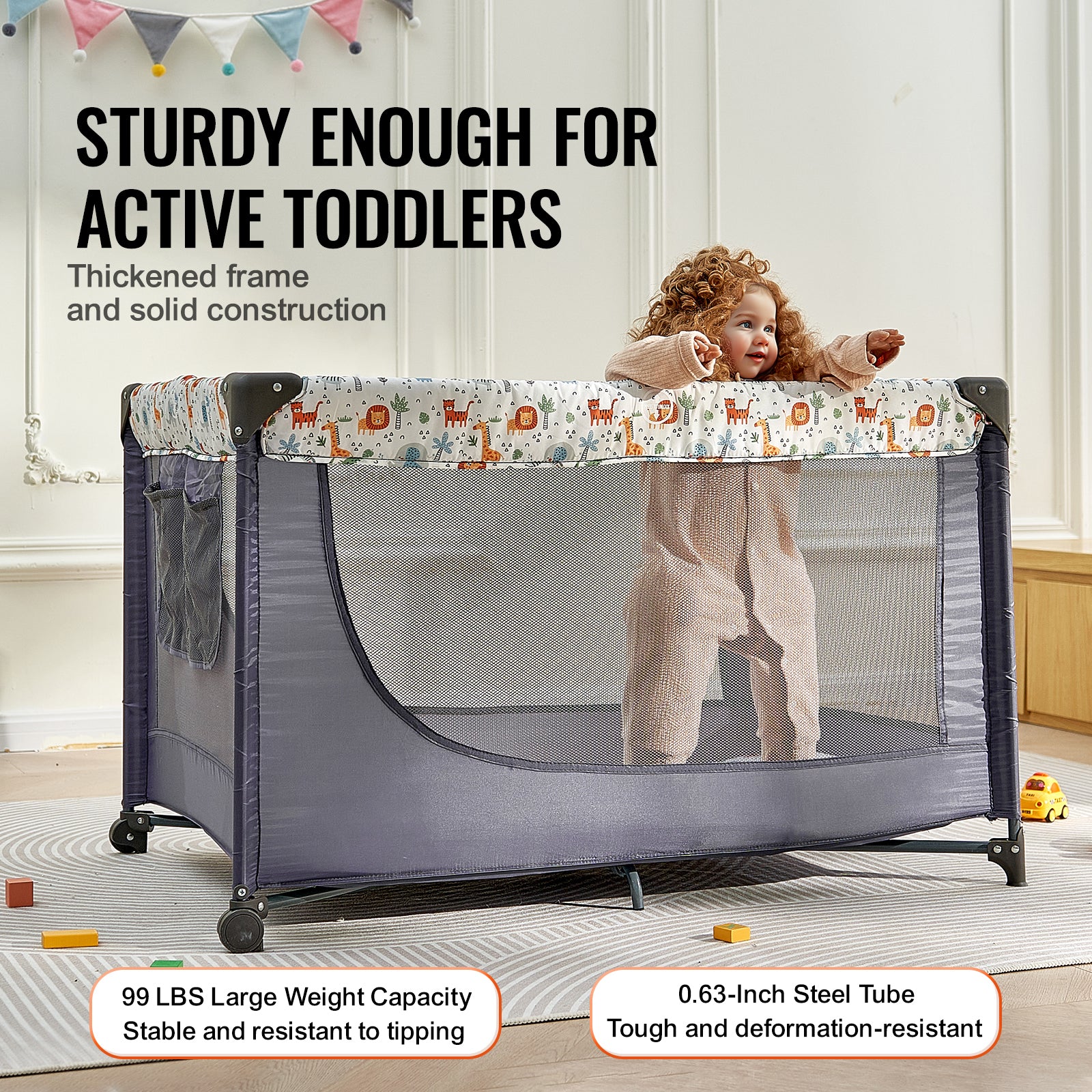 Baby Playpen Quick-Folding Portable Baby Toddler Fence Play Yard & Wheels