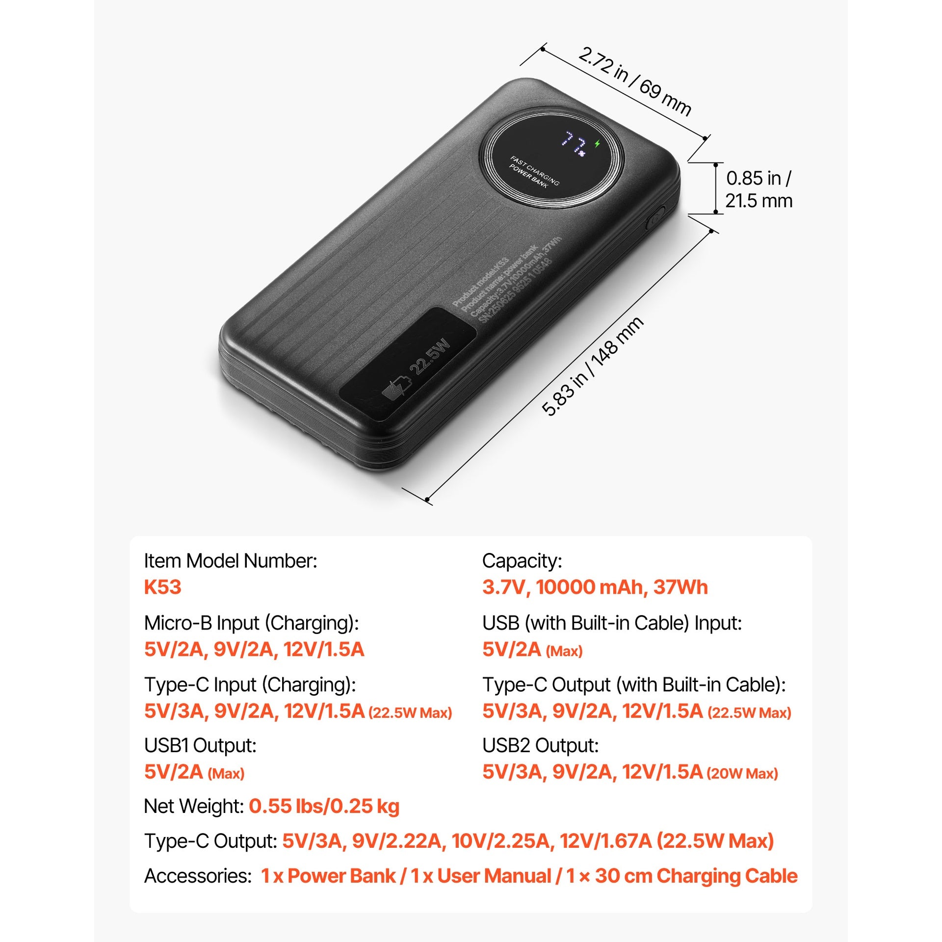 Portable Charger, with Built-in Cables, 10000 mAh Travel Battery Pack, 6 Outputs 3 Inputs Fast Charging Power Bank with USB Type-C Micro-B Input, Smart LED Display, for iPhone, Samsung, Android