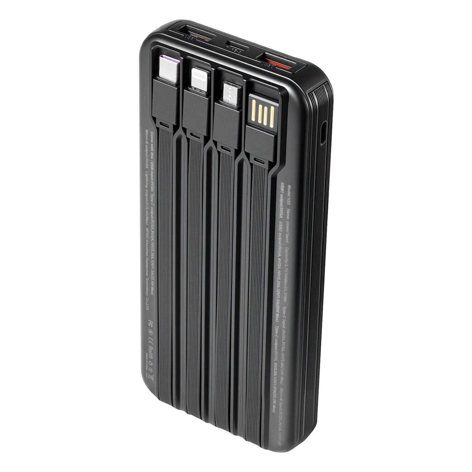 Portable Charger, with Built-in Cables, 10000 mAh Travel Battery Pack, 6 Outputs 3 Inputs Fast Charging Power Bank with USB Type-C Micro-B Input, Smart LED Display, for iPhone, Samsung, Android