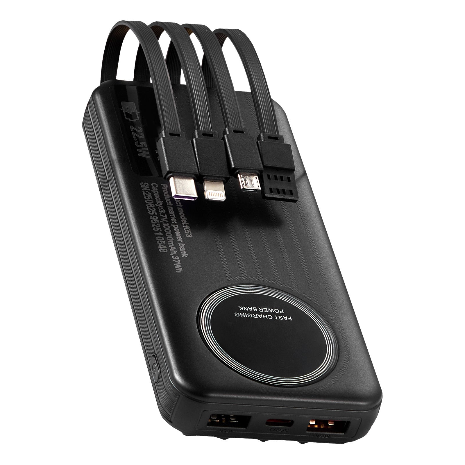 Portable Charger, with Built-in Cables, 10000 mAh Travel Battery Pack, 6 Outputs 3 Inputs Fast Charging Power Bank with USB Type-C Micro-B Input, Smart LED Display, for iPhone, Samsung, Android