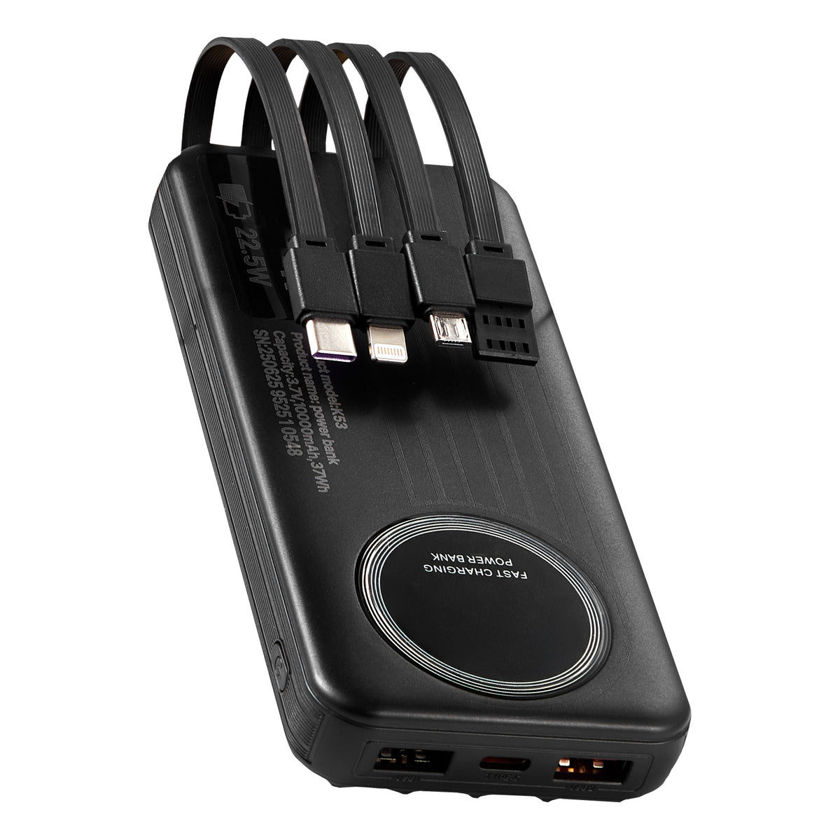 Portable Charger, with Built-in Cables, 10000 mAh Travel Battery Pack, 6 Outputs 3 Inputs Fast Charging Power Bank with USB Type-C Micro-B Input, Smart LED Display, for iPhone, Samsung, Android