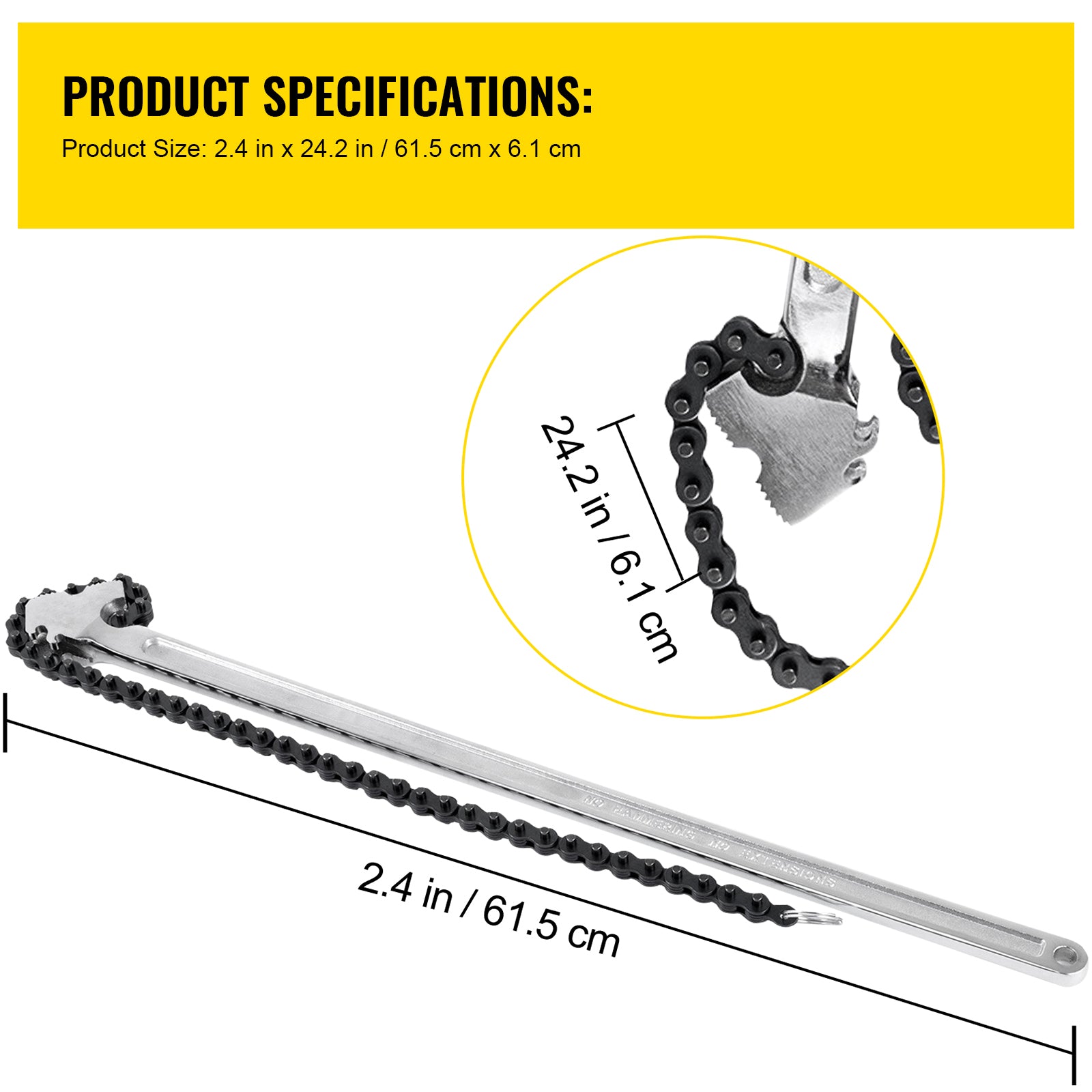 24inch Chain Wrench Carbon Steel Chain Pipe Wrench Heavy Duty 6.7inch Diameter Capacity Chain Strap Filter Wrench