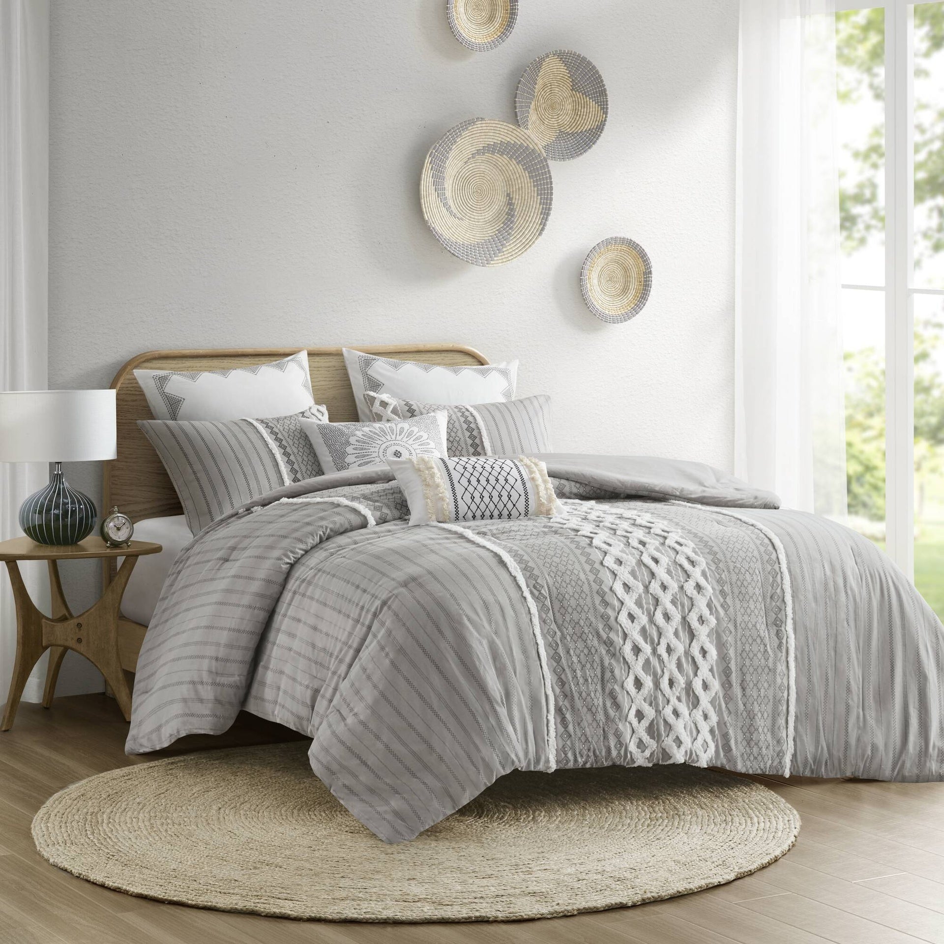 Cotton Printed Comforter Set with Chenille Gray Full/Queen